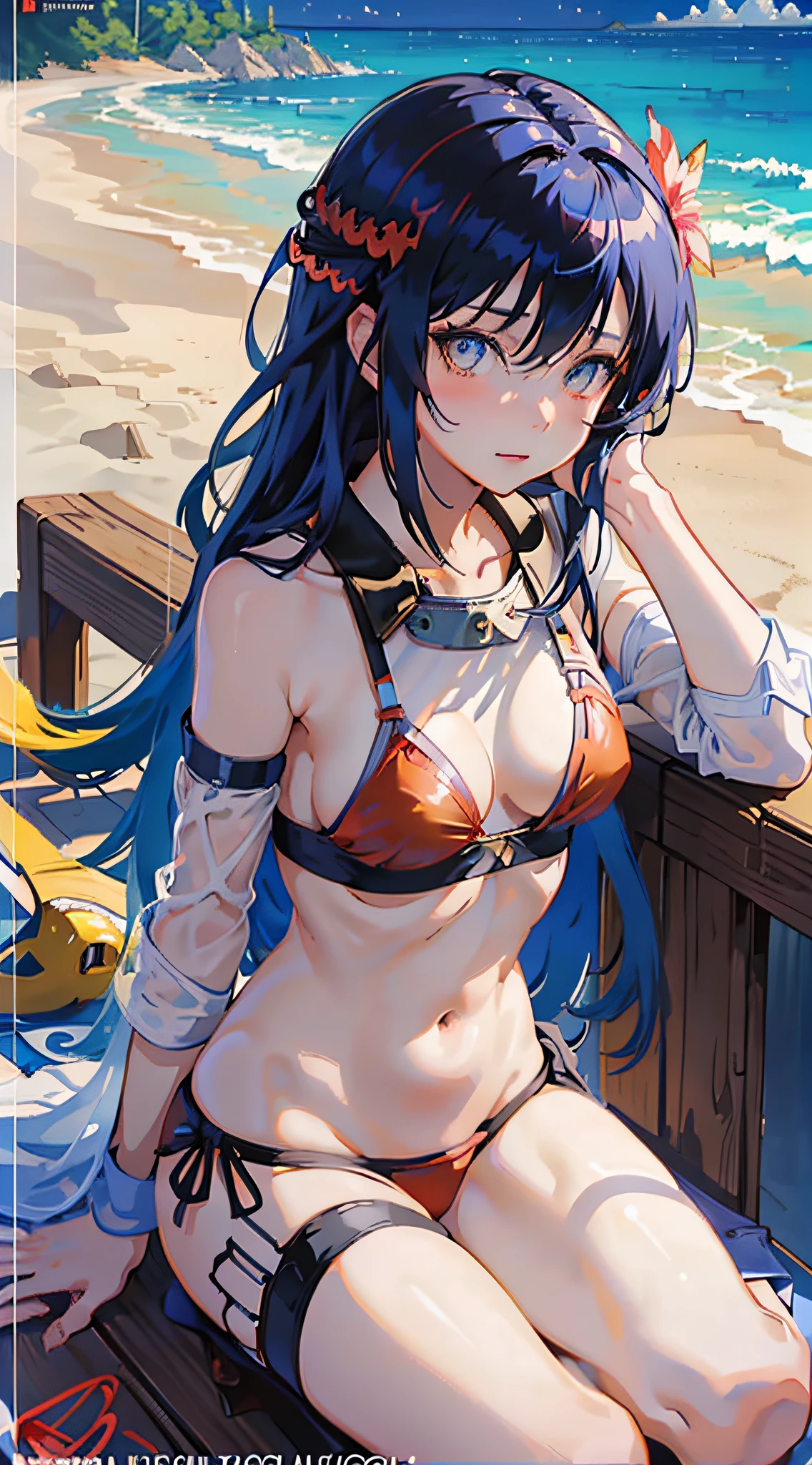 Red bikini anime girl sitting on the beach, beautiful anime girl, Makoto Shinkai and artgerm, charming anime girl, (anime girl), Kantai collection style, (yellow bikini),Small,Makoto Shinkai art style, beautiful anime woman, marine Kitagawa fan art, high quality anime art style, cute anime girl, 4K manga wallpaper