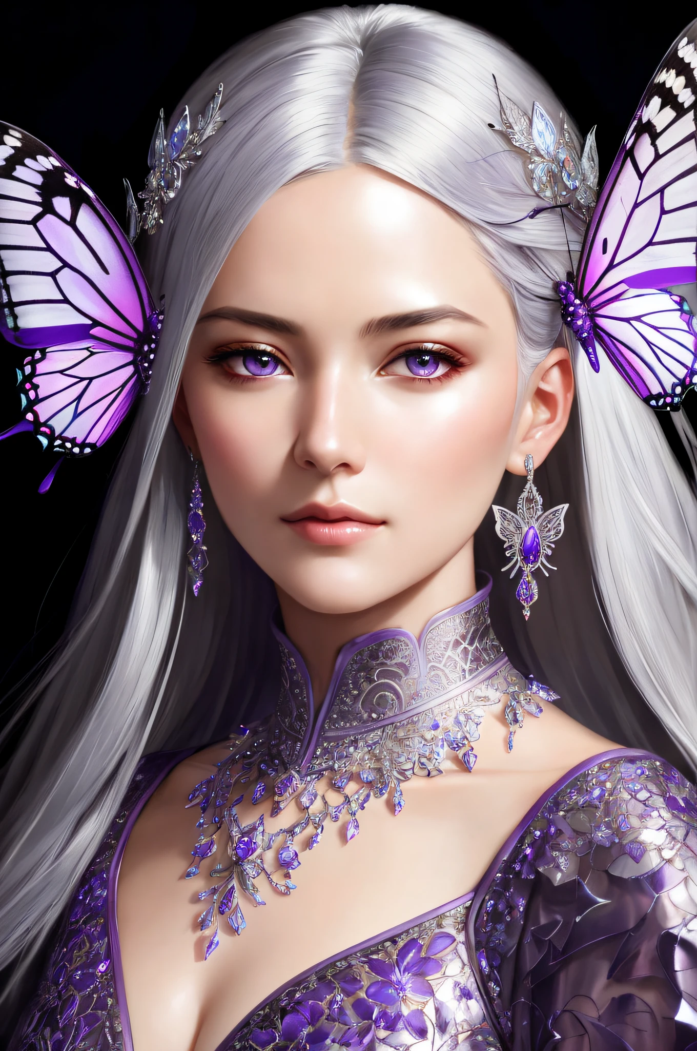 8k portrait of a beautiful queen with silver hair, intricate, elegant, highly detailed, majestic, digital photography, art by artgerm and ruan jia and greg rutkowski surreal painting of purple butterfly filigree, broken glass (masterpiece, side lighting, beautiful finely detailed eyes: 1.2), hdr