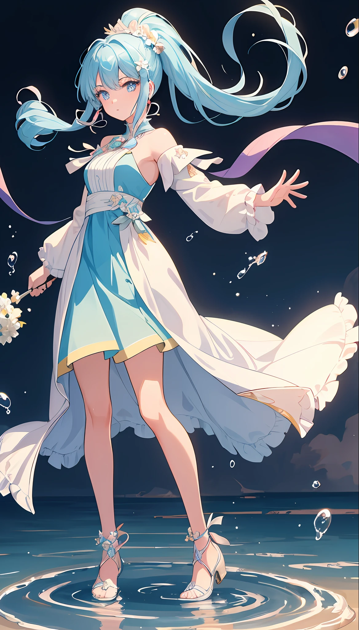 (masterpiece), (best quality), (ultra detailed),(disheed hair),(illustration), (1girl), (Fashionable clothing), standing, Fashion model, looking at viewer, (interview), (simple background), beautiful and delicate eyes, delicate beauty, floating, (high saturation), (colorful splash), colorful bubbles, (shine), focus on face, ponytail, Ayaka Kamisato, light blue hair, bangs, hair circle, floating flowers, flowing head long hair, (shiny; tassels), best illumination, best shadows, full body