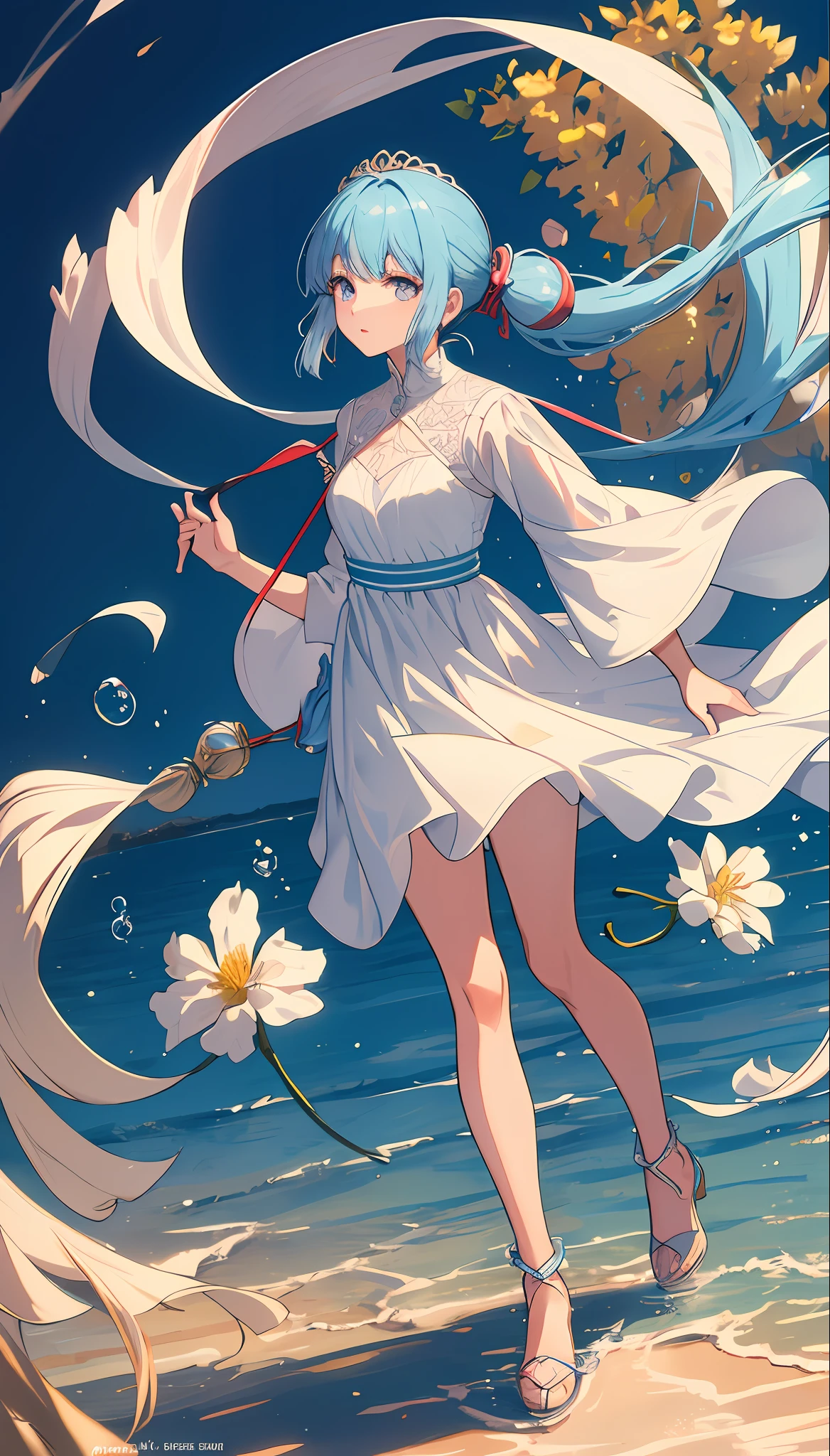 (masterpiece), (best quality), (ultra detailed),(disheed hair),(illustration), (1girl), (Fashionable clothing), standing, Fashion model, looking at viewer, (interview), (simple background), beautiful and delicate eyes, delicate beauty, floating, (high saturation), (colorful splash), colorful bubbles, (shine), focus on face, ponytail, Ayaka Kamisato, light blue hair, bangs, hair circle, floating flowers, flowing head long hair, (shiny; tassels), best illumination, best shadows, full body
