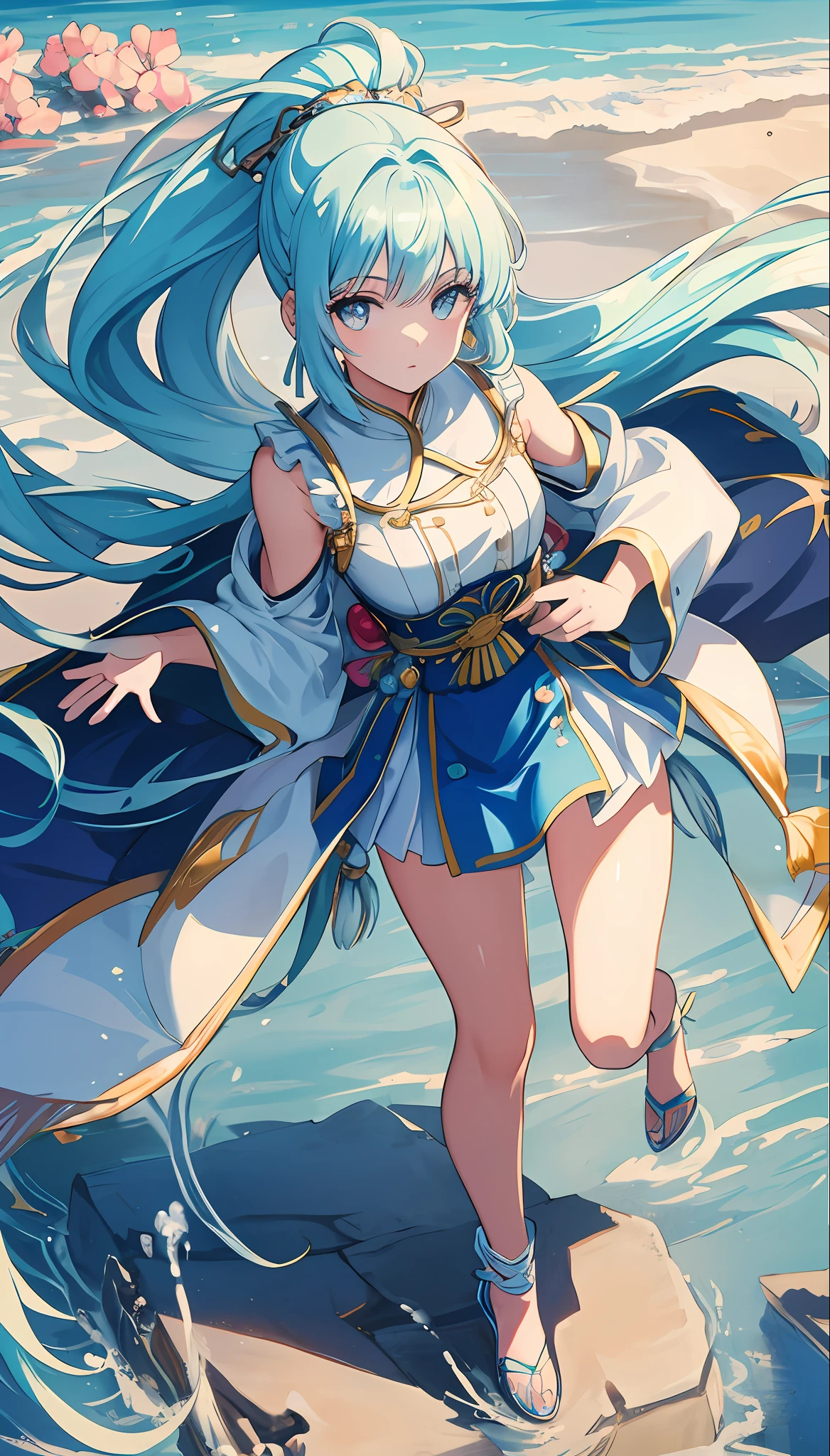 (masterpiece), (best quality), (ultra detailed),(disheed hair),(illustration), (1girl), (Fashionable clothing), standing, Fashion model, looking at viewer, (interview), (simple background), beautiful and delicate eyes, delicate beauty, floating, (high saturation), (colorful splash), colorful bubbles, (shine), focus on face, ponytail, Ayaka Kamisato, light blue hair, bangs, hair circle, floating flowers, flowing head long hair, (shiny; tassels), best illumination, best shadows, full body