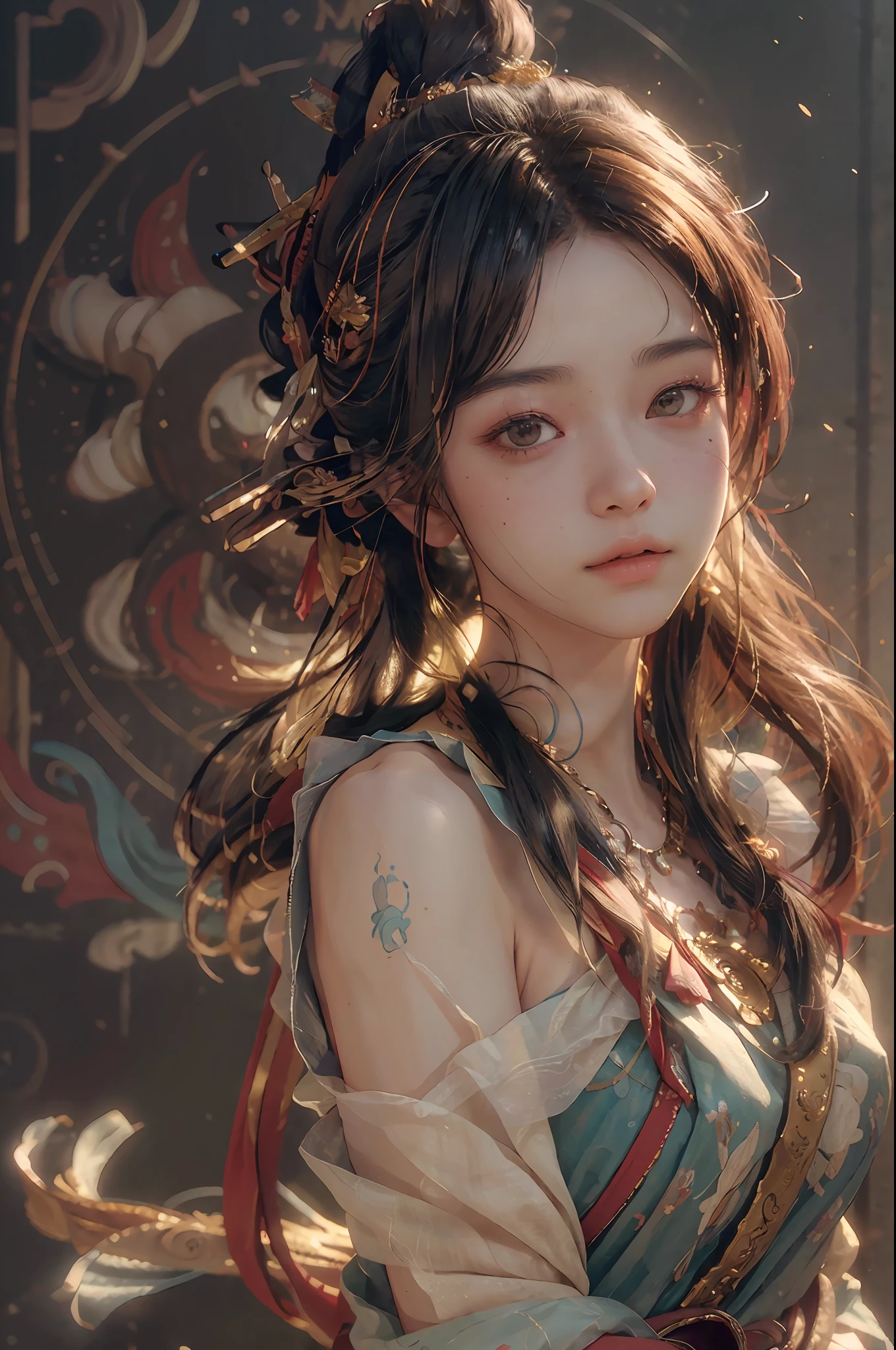 (RAW photo, best quality), (realistic, photo-realistic:1.3),best quality,highly detailed,masterpiece,ultra-detailed,illustration,1girl,upper_body,dynamic angle,world masterpiece theater,messy_long_hair,best quality,extremely detailed CG unity 8k wallpaper,ink,Amazing,cinematic lighting,lens_flare, dunhuang_style