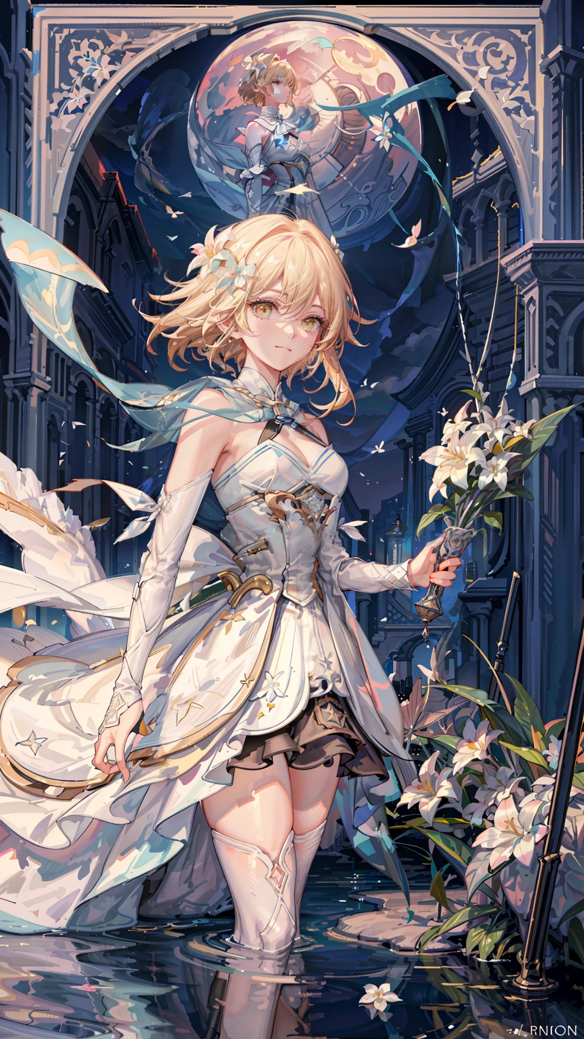 absurdres, masterpiece, best quality, ultra-detailed illustration, (1giel:1.3), absurdres high detailed face, short blonde hair, white dress clothes with blue and gold details, standing in a anciend ruins with white lilies, lots of white flowers on background and foreground, depth of field, night sky with stars, dynamic pose, 1girl solo,  (best illumination, an extremely delicate and beautiful), ((cinematic moonlight)), colourful,ethereal, (Cinematic masterpiece),suspense, splashes of colour, absolutely eye-catching, ((caustic)), dynamic angle ,beautiful (detailed glow), (eerie),(Intricate Detailed Cinematic Scenery Behind:1.2),ambient occlusion, (ambient moonlight), ray-traced reflections, intricately detailed visible background, close up portrait face