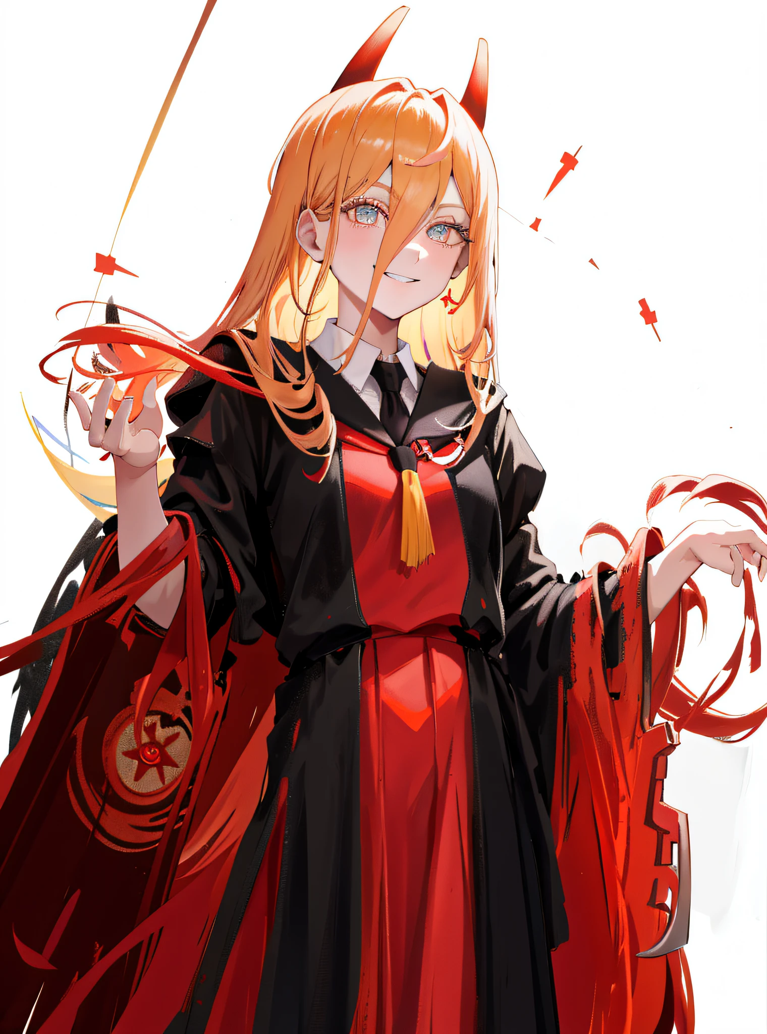 (Winning painting: 1.3) Power\ (Chainsaw Man), Best Quality, Super Detailed, 1 Girl, Solo, Standing, Redhead, 1 Long Braided Hair, Blonde Hair, Bangs, Medium Tits, Black Bachelor, Gaze, Smile, (Evil: 1.2), Looking at the Audience, (Interview: 1.3), (Dark Black Background), (Ring Eyes), Best Quality, Ultra High Resolution, 1 Woman, (Masterpiece, Side Light, Beautiful Eyes: 1.2), Shiny Skin, Glow Eyes, Shiny Hair, 2 Arms, Painting,  portraitpink_theme, pill, heart-shaped pupils, detailed wallpaper, looking at the audience, 1 girl, solo, (academic dress:1.3), wearing robes