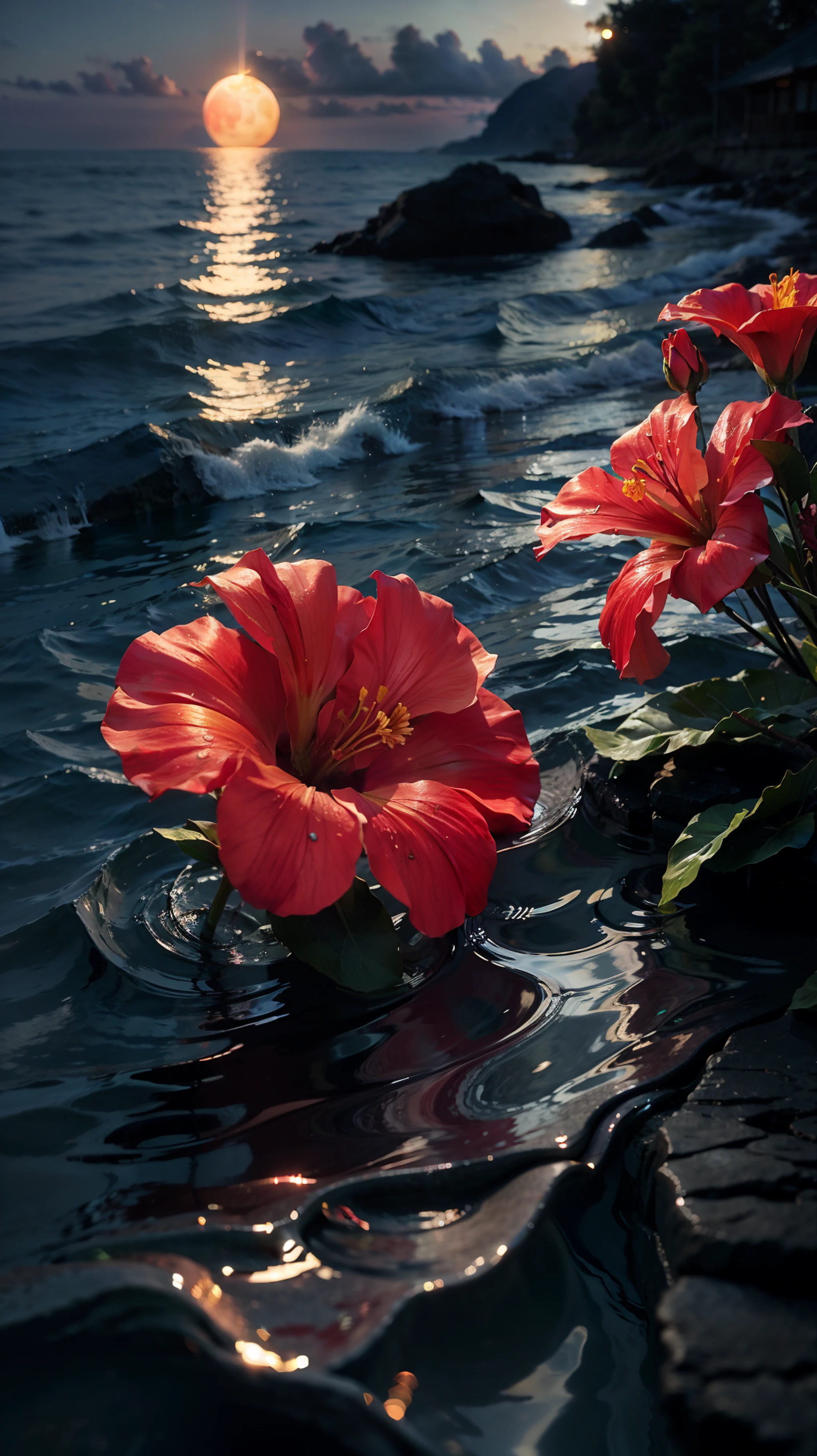 hibiscus Moon with water drops,neon glow, random background, sun rise, bokha mood