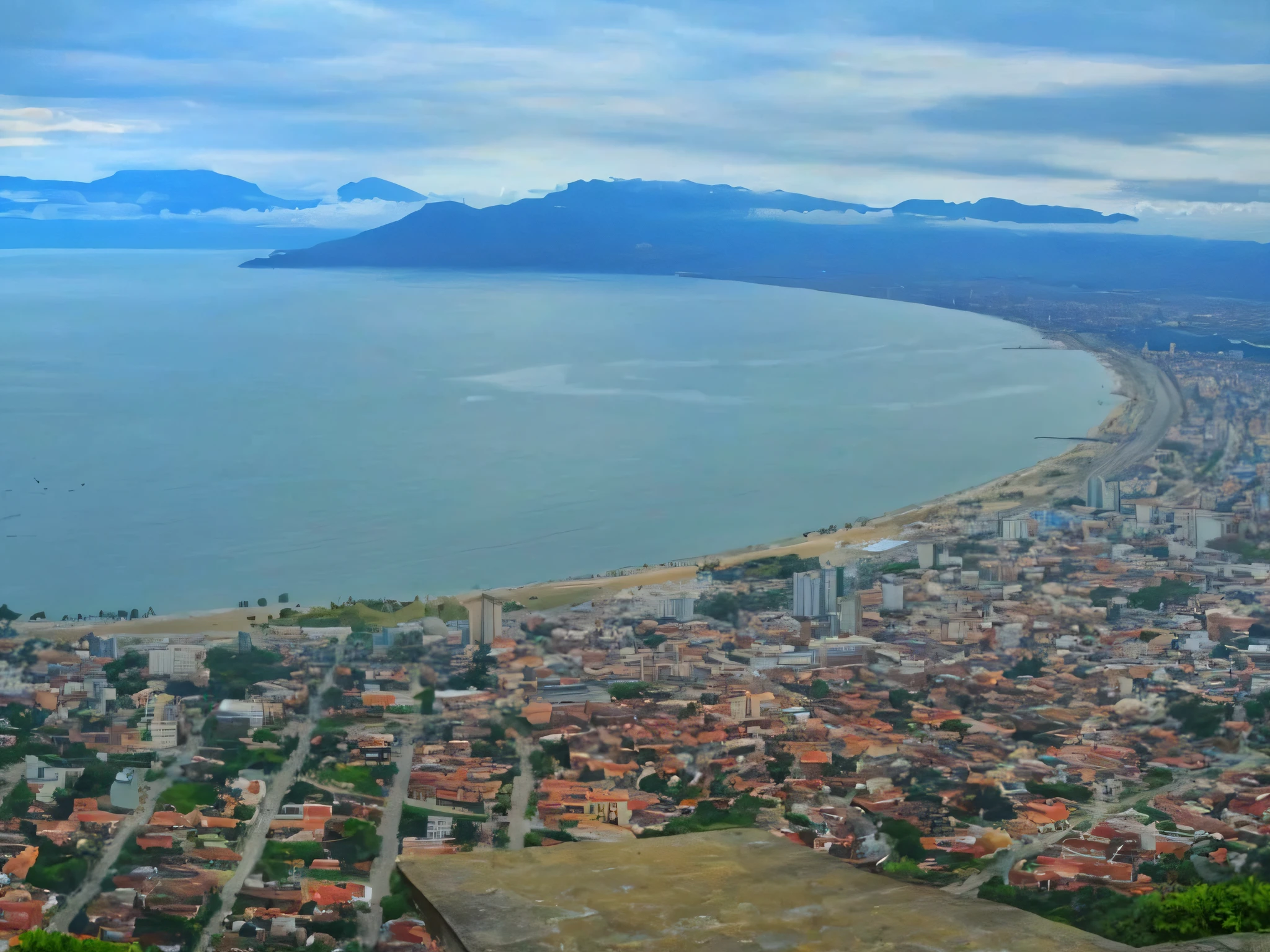 arafed view of a city with a beach and a body of water, by Luis Miranda, the sea seen behind the city, fotografia, panoramic view, entire city in view, by Maximilian Cercha, seaview, leaked image, high quality image”, lê long, cape, 8 k. filling of the view, view, by Ramón Silva
