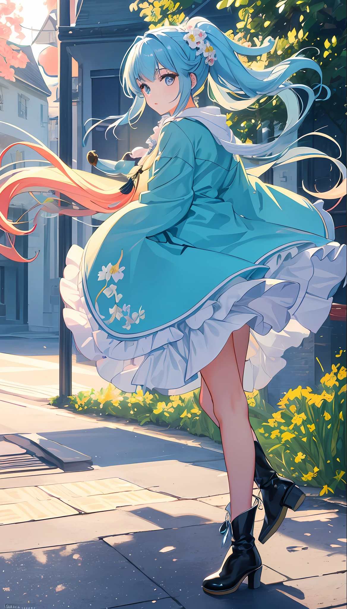 (masterpiece), (best quality), (ultra detailed),(disheed hair),(illustration), (1girl), (Fashionable clothing), standing, Fashion model, looking at viewer, (interview), (simple background), beautiful and delicate eyes, delicate beauty, floating, (high saturation), (colorful splash), colorful bubbles, (shine), focus on face, ponytail, Ayaka Kamisato, light blue hair, bangs, hair circle, floating flowers, flowing head long hair, (shiny; tassels), best illumination, best shadows, full body, Lolita boots