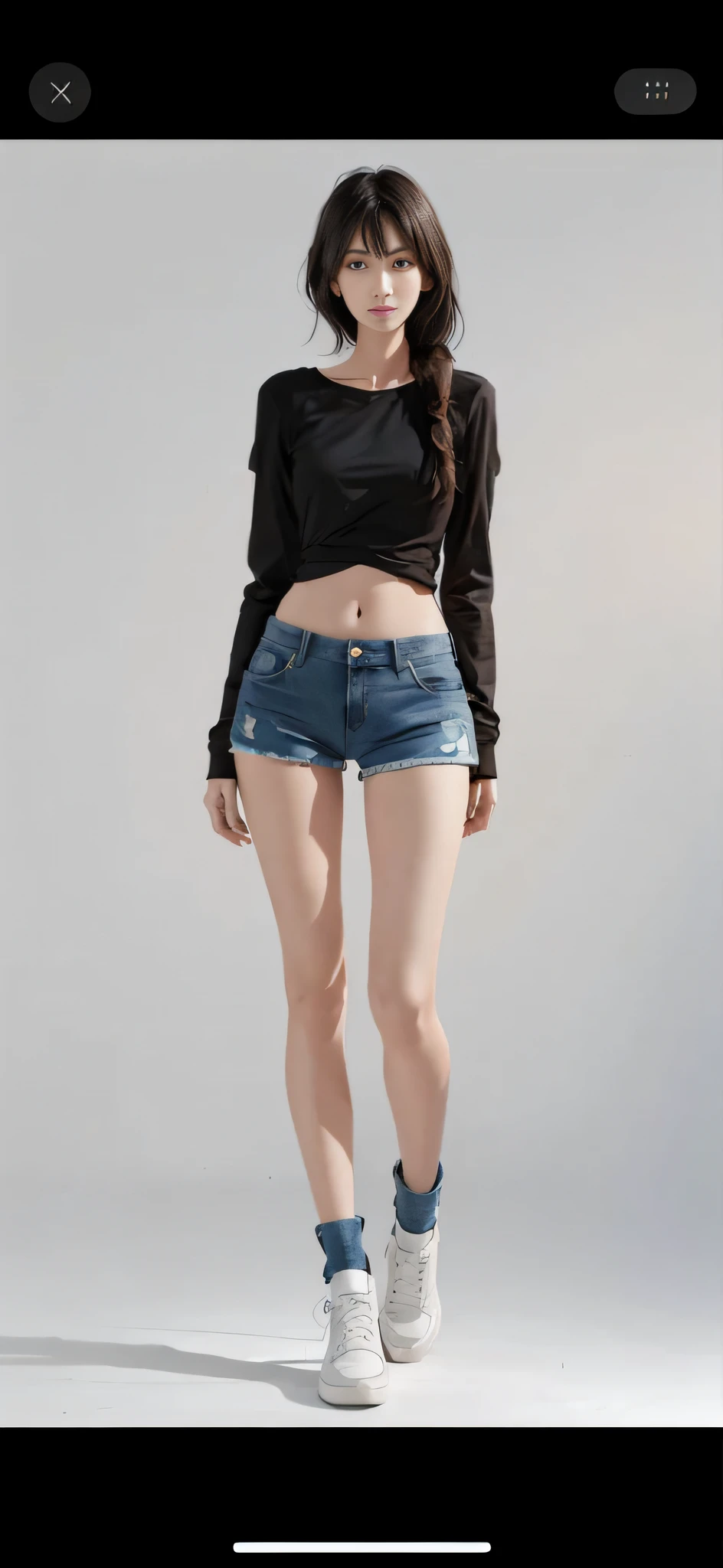 arafed woman in a black top and denim shorts posing for a picture, photo of slim girl model, 2 4 year old female model, photo of slim girl, full extremely slim body, slim legs, sexy girl wearing shorts, wearing denim short shorts, good hips and long legs, long thin legs, pretty face with arms and legs, short jeans