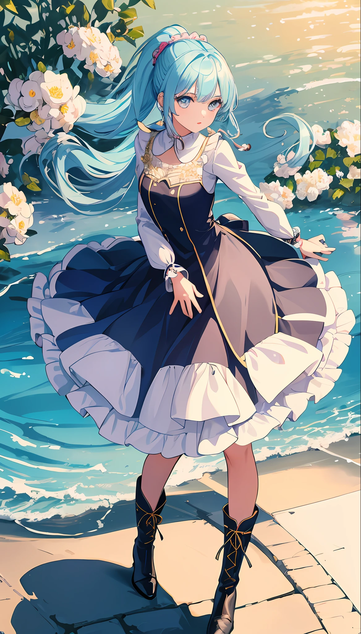(masterpiece), (best quality), (ultra detailed),(disheed hair),(illustration), (1girl), (Fashionable clothing), standing, Fashion model, looking at viewer, (interview), (simple background), beautiful and delicate eyes, delicate beauty, floating, (high saturation), (colorful splash), colorful bubbles, (shine), focus on face, ponytail, Ayaka Kamisato, light blue hair, bangs, hair circle, floating flowers, flowing head long hair, (shiny; tassels), best illumination, best shadows, full body, Lolita boots