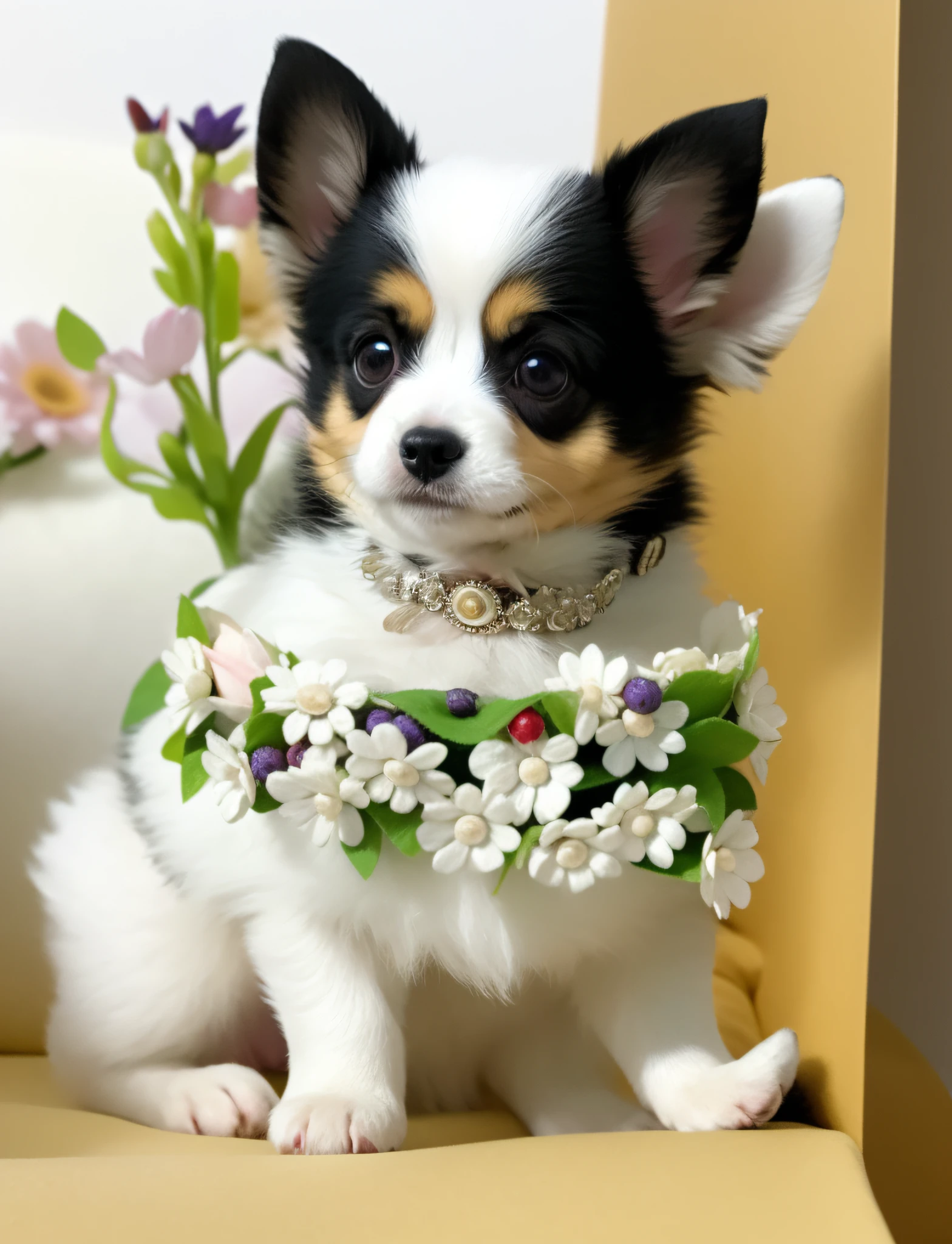 There is a small dog sitting on a cushion, a queen of beautiful animals, a collar with petals!! L, precise detail, very realistic, fully decorated, daisy, very cute model, flower tiara made of flowers and berries, very realistic, pet animal, decorated with flowers, ultra-realistic, oak, eli, queen of flowers, details