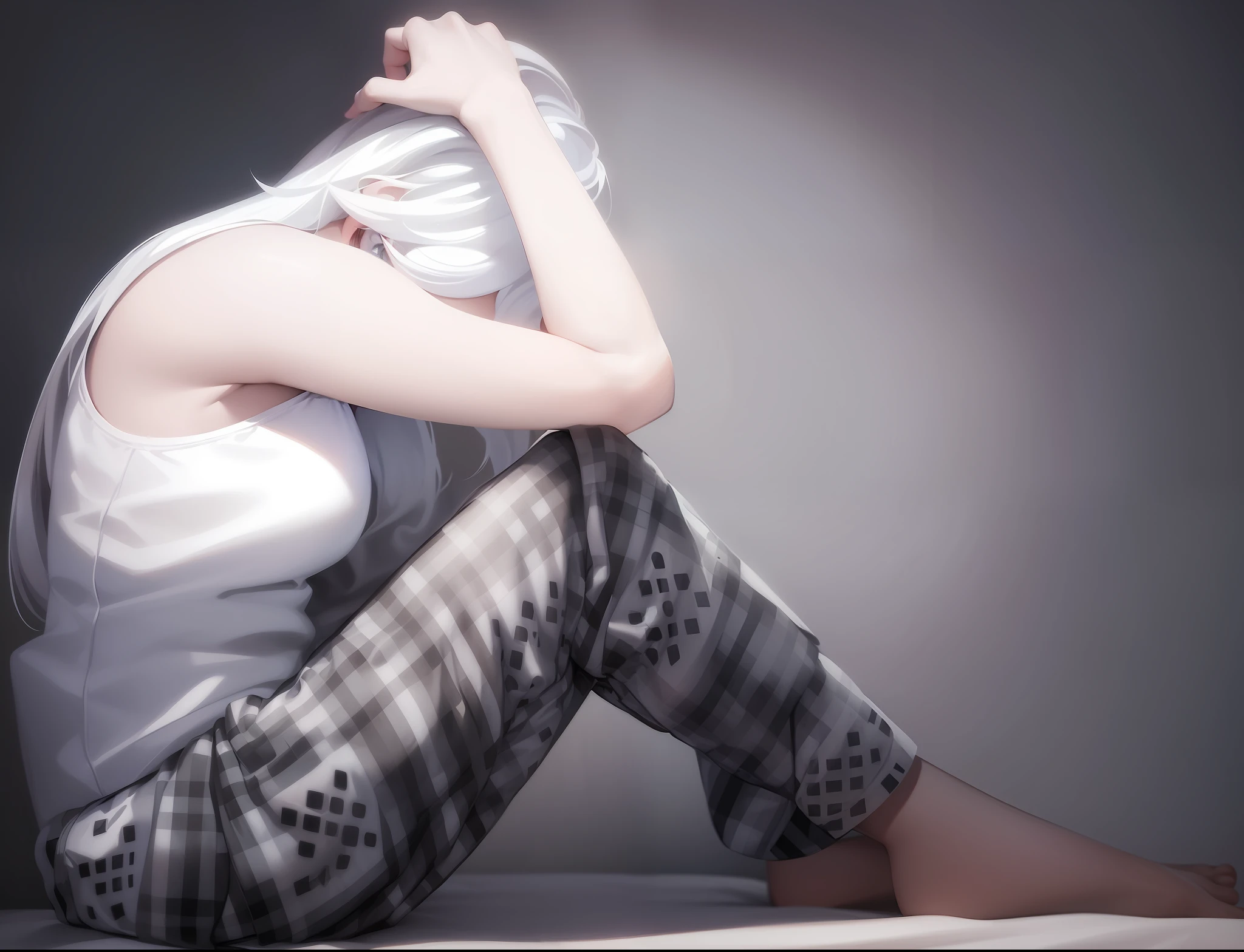 a girl, completely white hair, wearing pajamas, dark image as if it were night