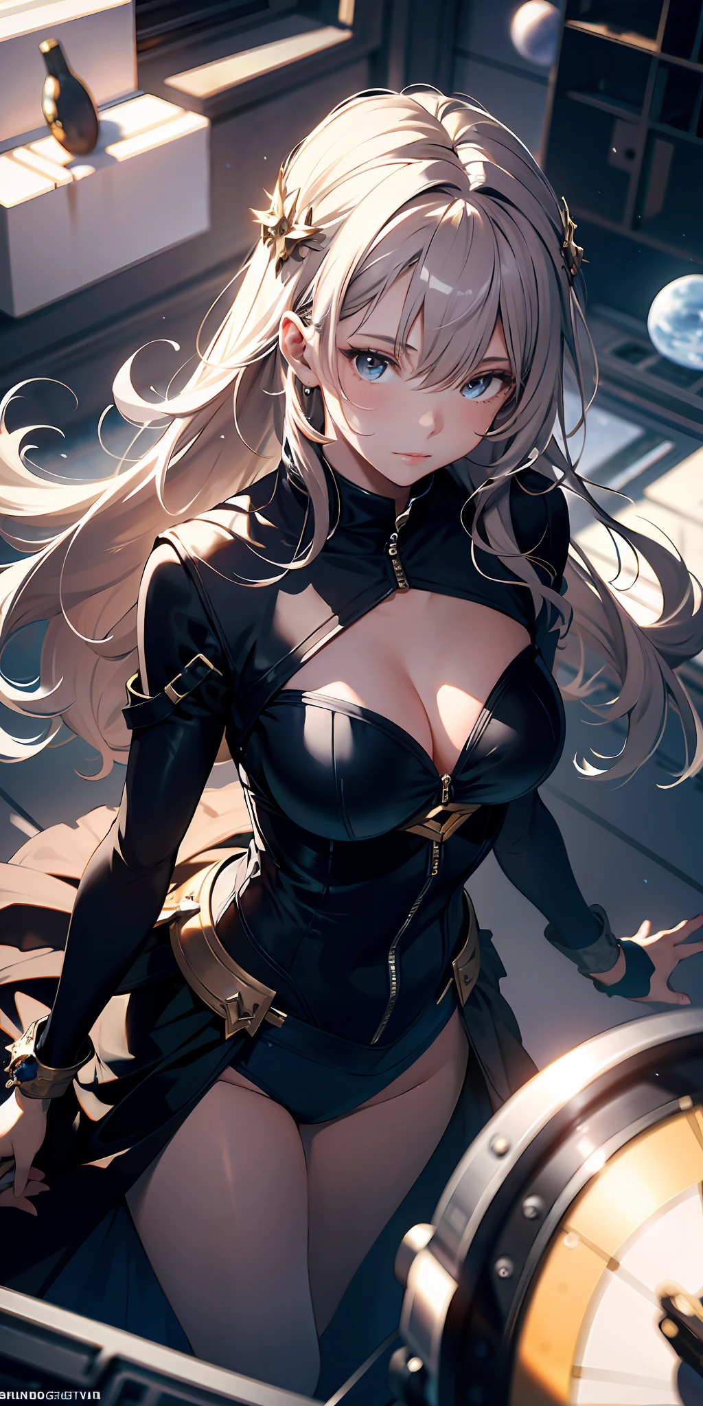 ridiculous resolution, high resolution, (masterpiece:1.4), super detailed, 1 girl , seen from above, space, floating, --v 6
