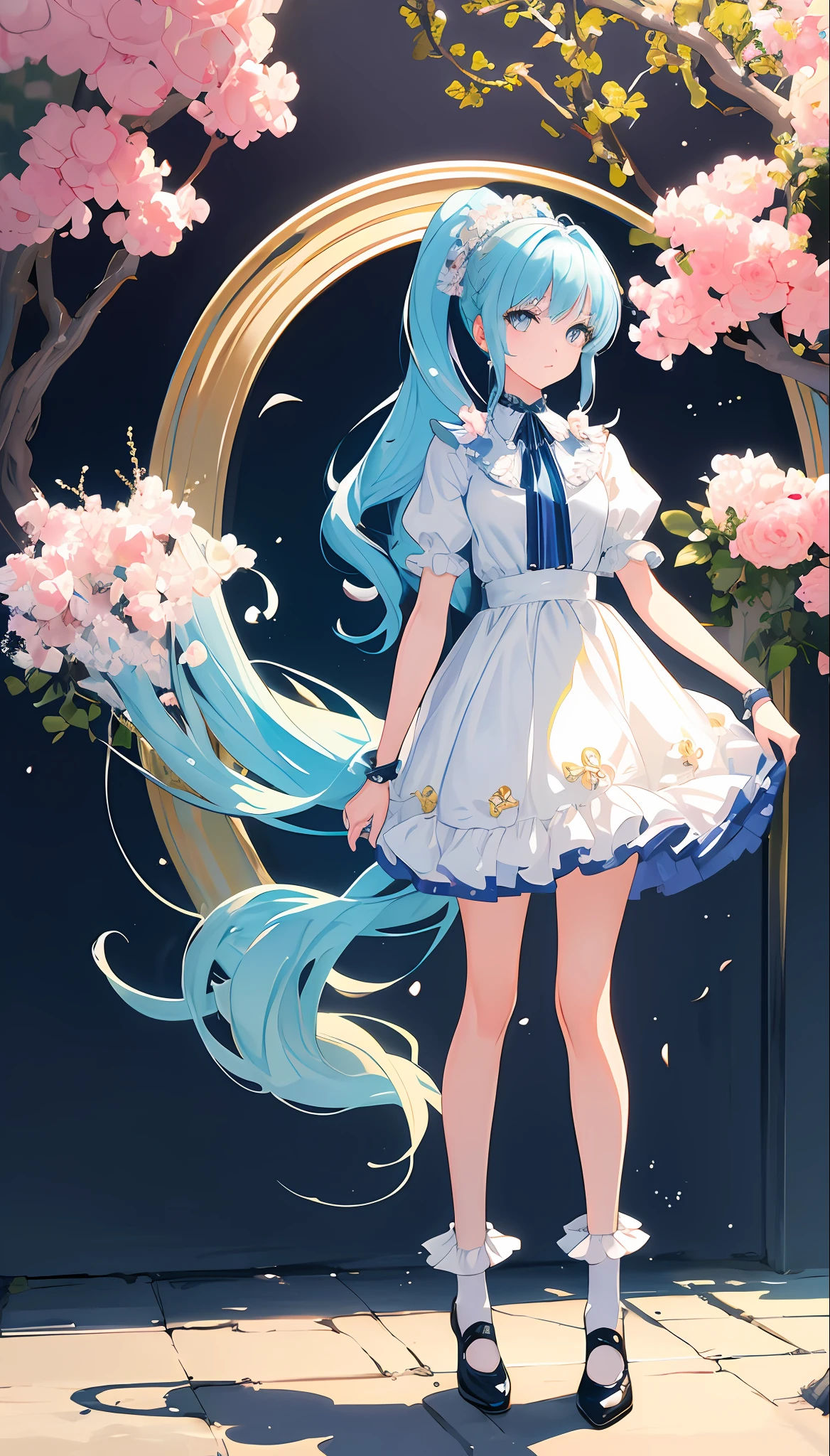 (masterpiece), (best quality), (ultra detailed),(disheed hair),(illustration), (1girl), (Fashionable clothing), standing, Fashion model, looking at viewer, (interview), (simple background), beautiful and delicate eyes, delicate beauty, floating, (high saturation), (colorful splash), colorful bubbles, (shine), focus on face, ponytail, Ayaka Kamisato, light blue hair, bangs, hair circle, floating flowers, flowing head long hair, (shiny; tassels), best illumination, best shade, full body, long white socks, ta shoes