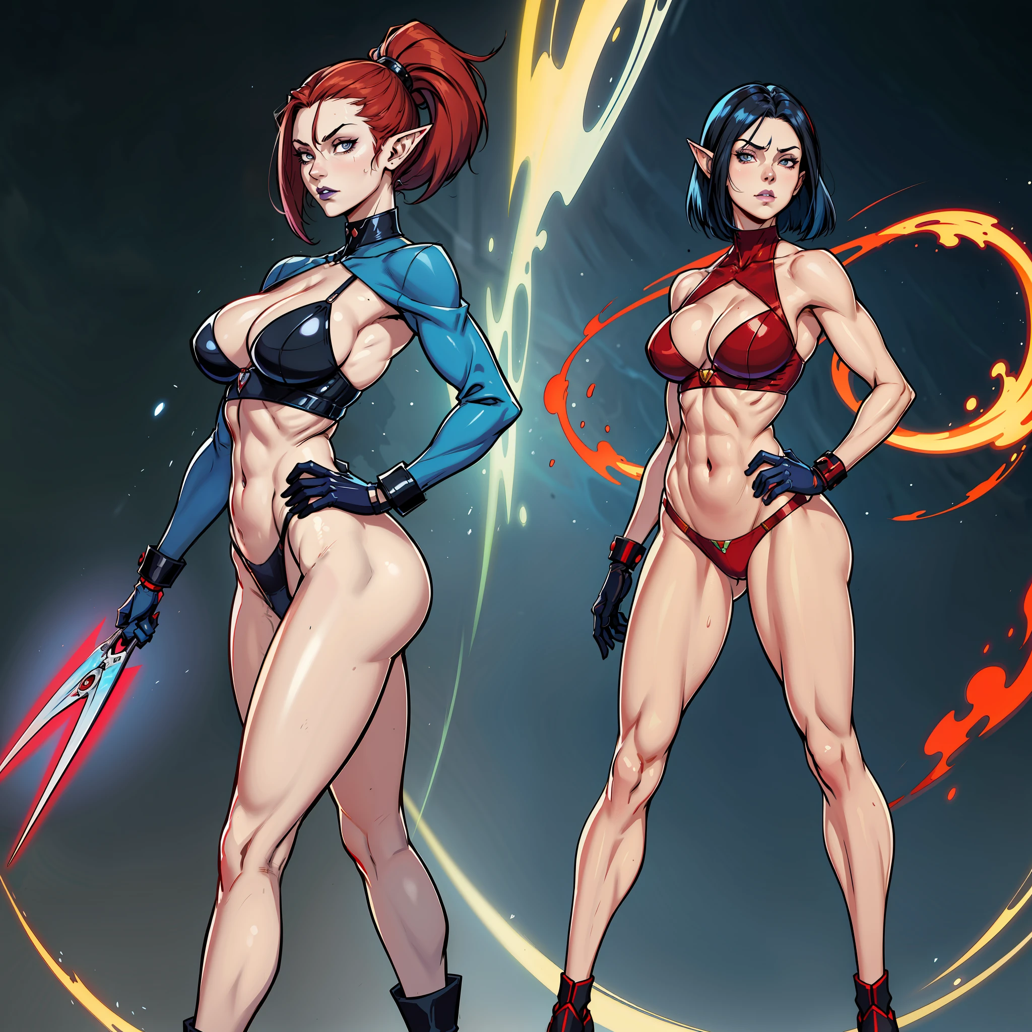 A closeup of a woman wearing red cat uniform with blue coat and some other poses, front side and back poses, cutesexyrobutts, woman with short black hair with light blue locks, eyes with bright blue and red tones with vampire iris, pale skin, vampire, pointed ears, muscular!, fit body, gynoid body,sweaty body, perfect body, fit body, abdomen, large breasts, chubby butt, prancing ass, prancing butt, full body concept art, detailed full body concept art, Cushart Krenz Key Women's Art, Masamune Shirow style, Yusuke Murata style, Ilya Kuvshinov, Oppai proportions, official character art, uniform, full body concept, (best quality, masterpiece) a cute chibi girl,