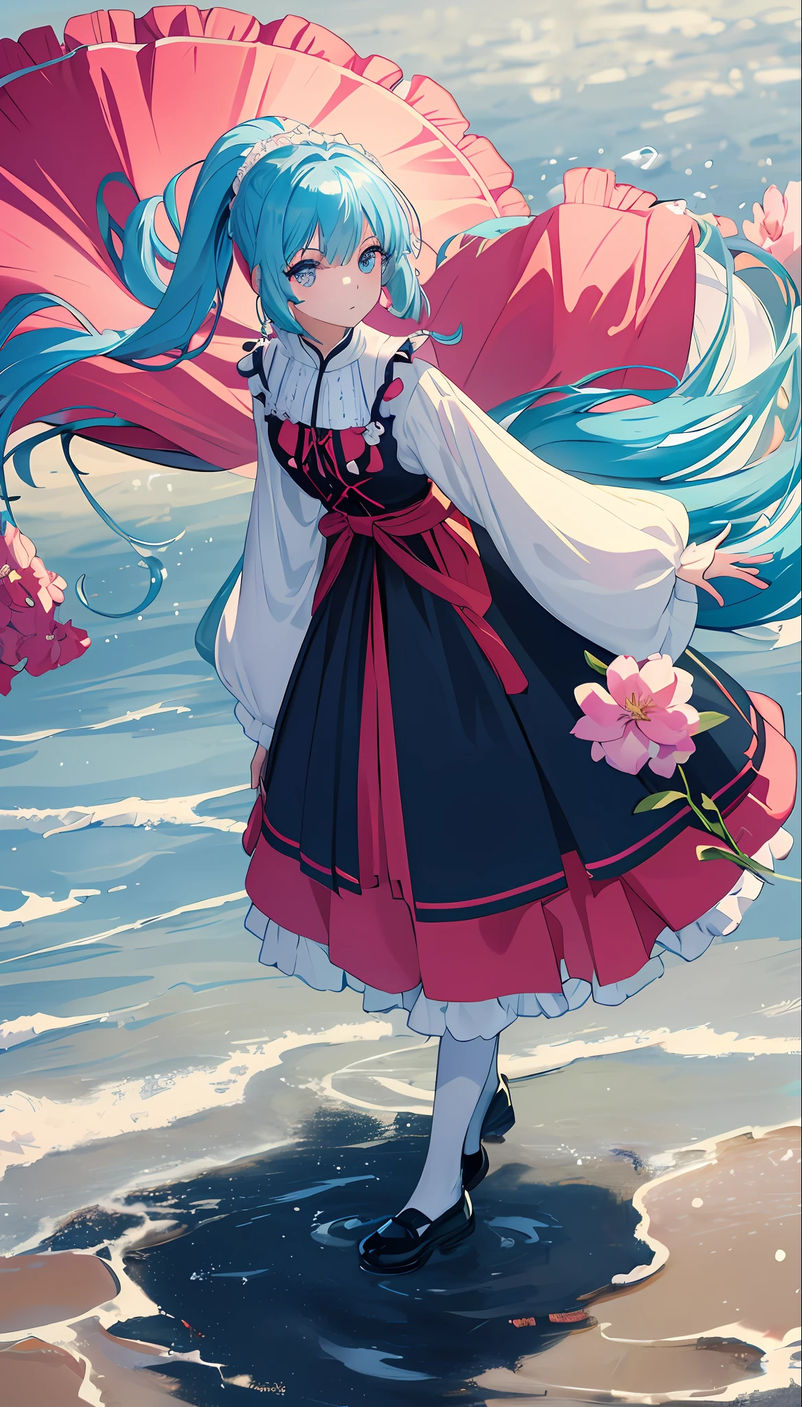 (masterpiece), (best quality), (ultra detailed),(disheed hair),(illustration), (1girl), (Fashionable clothing), standing, Fashion model, looking at viewer, (interview), (simple background), beautiful and delicate eyes, delicate beauty, floating, (high saturation), (colorful splash), colorful bubbles, (shine), focus on face, ponytail, Ayaka Kamisato, light blue hair, bangs, hair circle, floating flowers, flowing head long hair, (shiny; tassels), best illumination, best shade, full body, long white socks, ta shoes