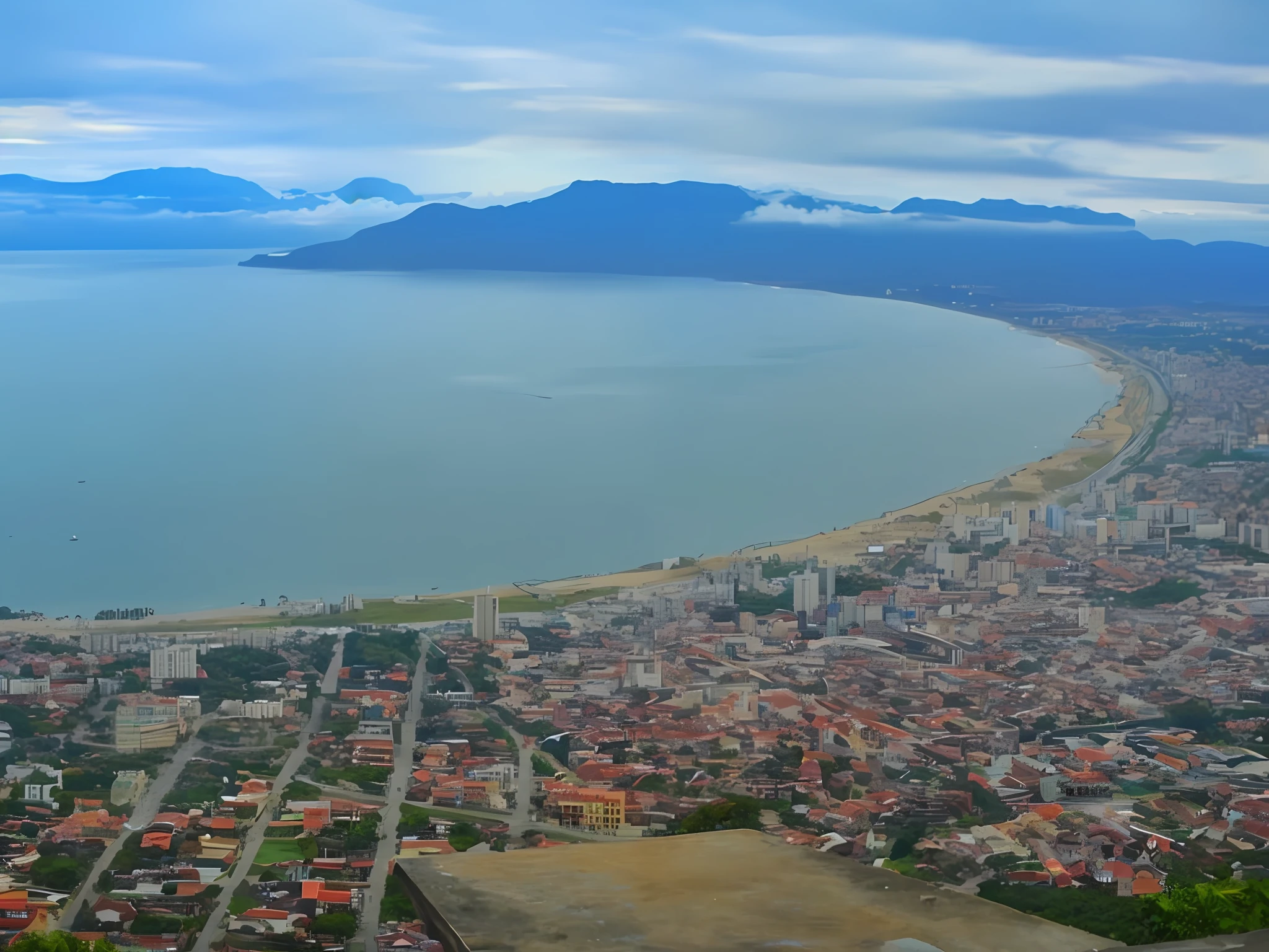 view of a city with beach and body of water, by Luis Miranda, the sea seen behind the city, sunset, photograph, panoramic view, whole city in sight, by Maximilian Cercha, sea view, hollow image, high quality image", reads long, cable, 8 k. filling the view, view, by Ramón Silva