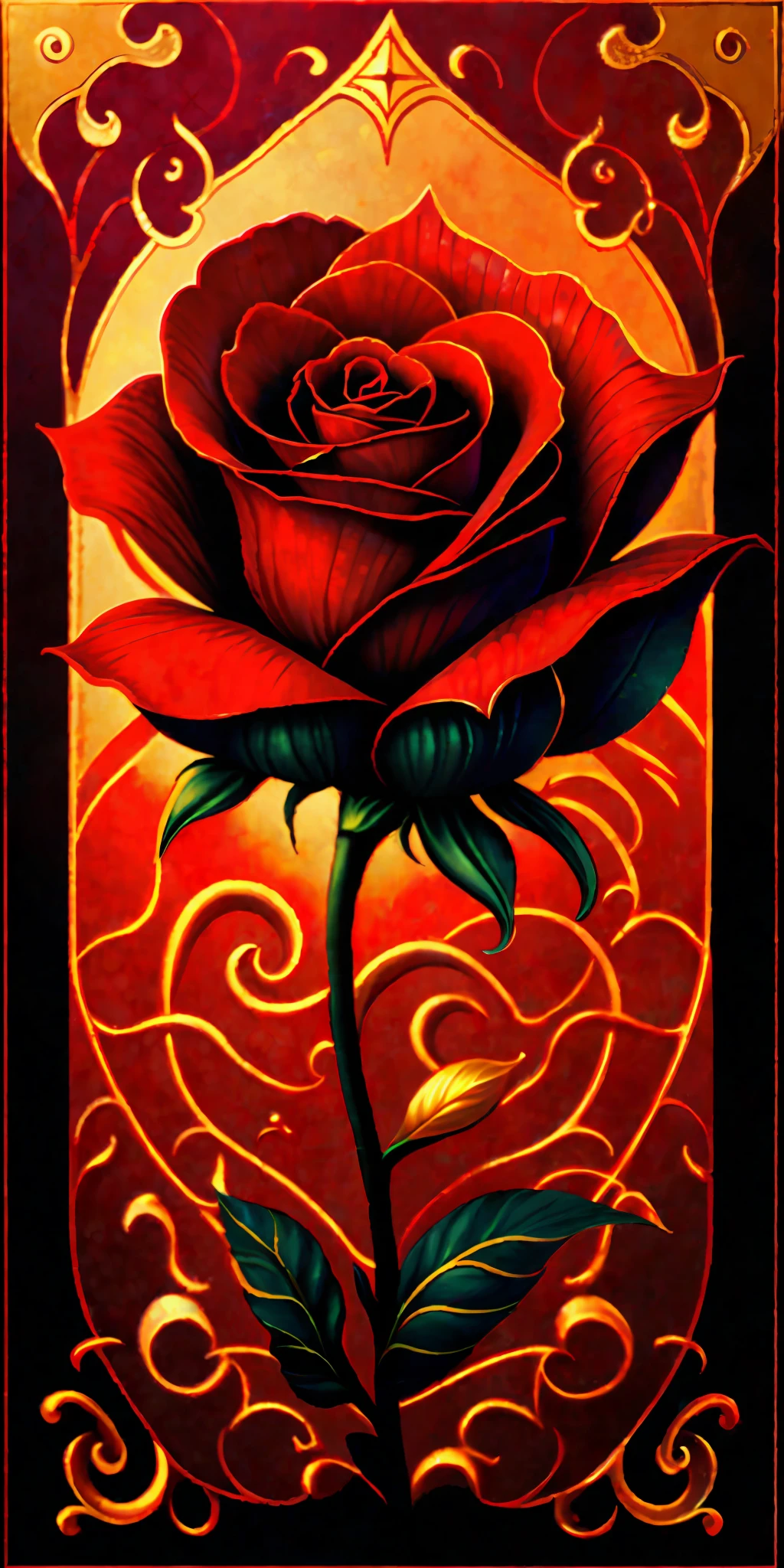 a painting of a red rose on a black background, amazing fantasy art, rich deep colours masterpiece, awe sublime, gold noble, kisses are wordless spells, dorne, wow it is beautiful, 3d intricate shapes, author unknown, by Penny Patricia Poppycock, very beautiful photo, beautiful avatar pictures, deep colour\'s, ad image, maroon red