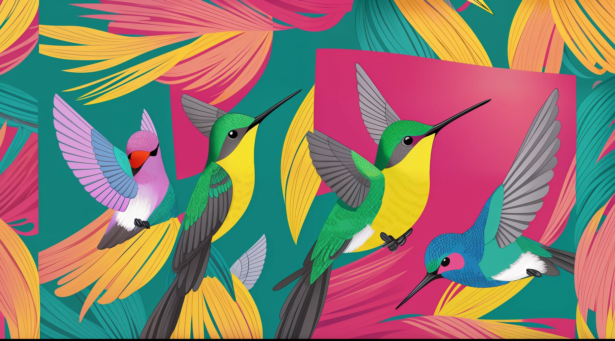 flock of hummingbirds in bright colors