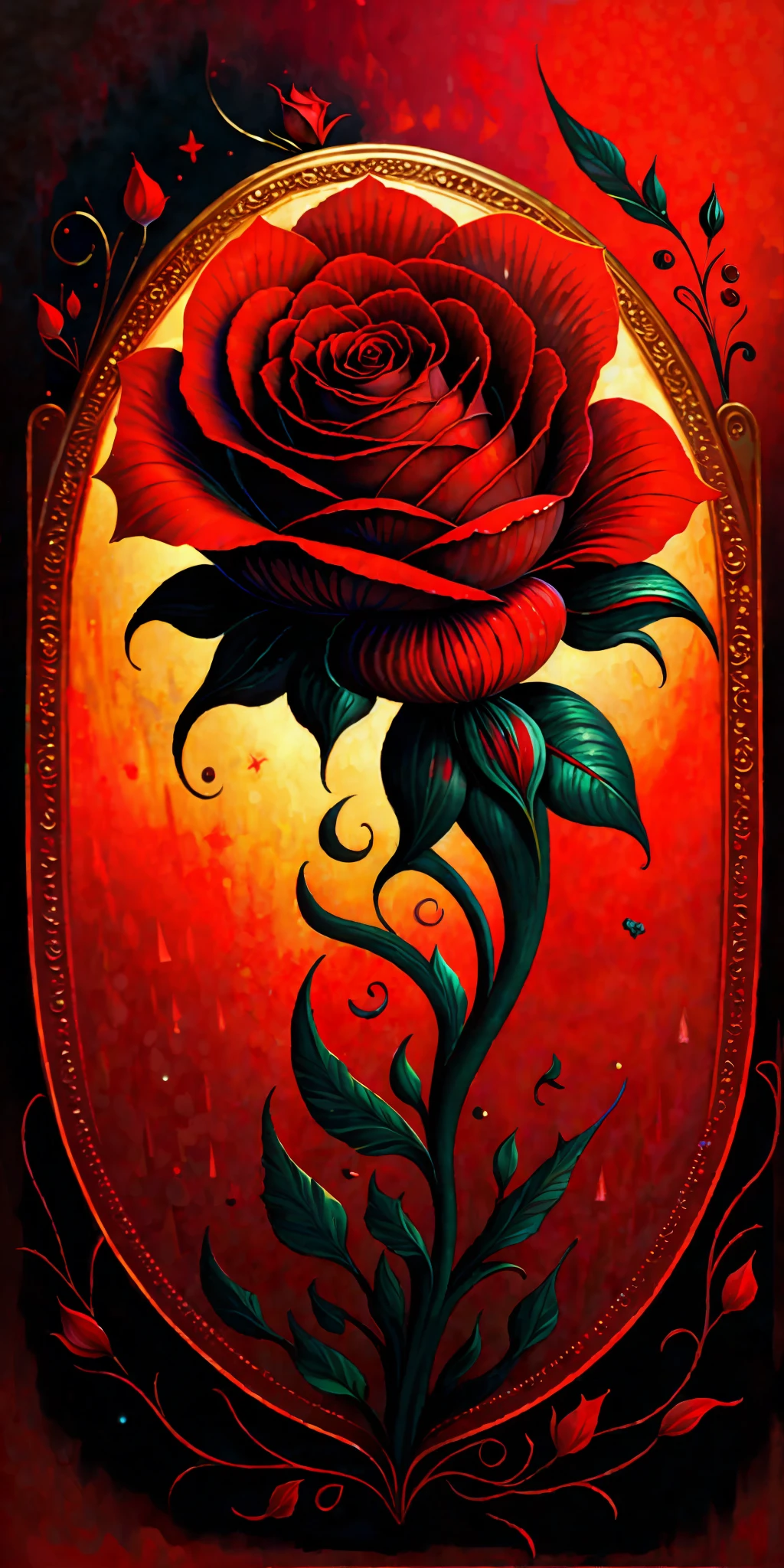a painting of a red rose on a black background, amazing fantasy art, rich deep colours masterpiece, awe sublime, gold noble, kisses are wordless spells, dorne, wow it is beautiful, 3d intricate shapes, author unknown, by Penny Patricia Poppycock, very beautiful photo, beautiful avatar pictures, deep colour\'s, ad image, maroon red
