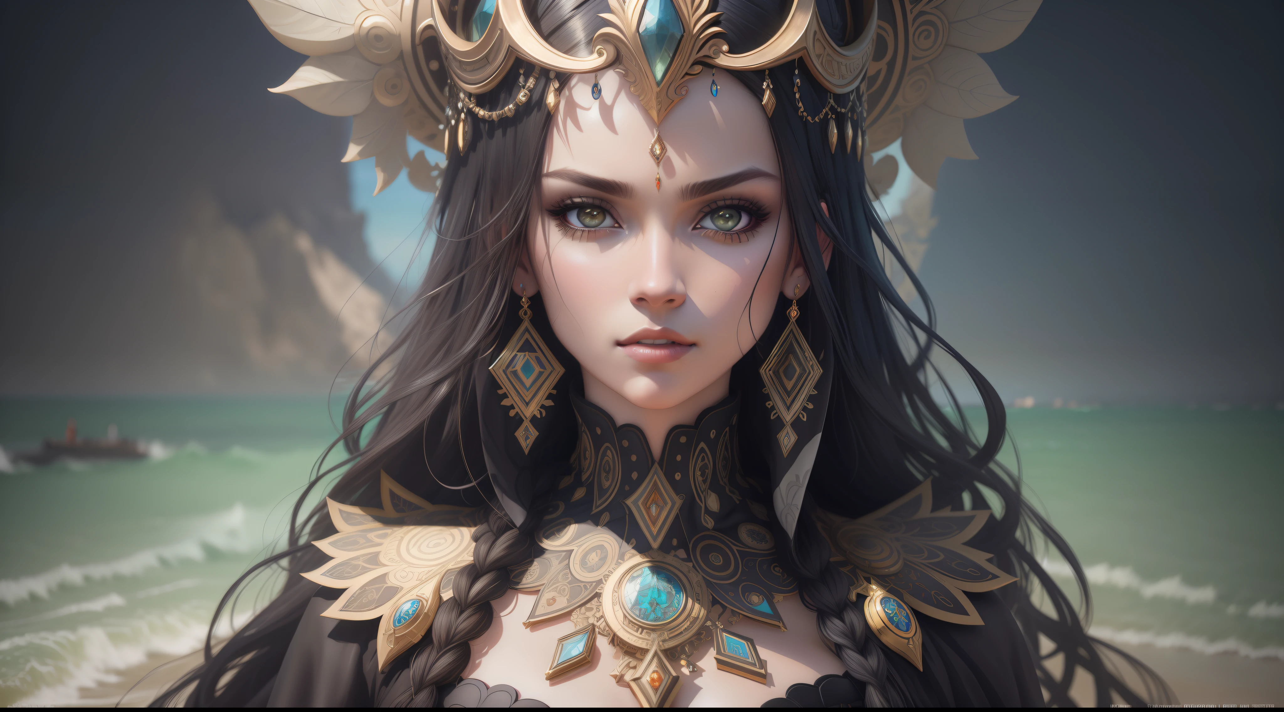 Waist high Portrait of an exotic beautiful caucasian woman wearing trendy clothing at a beach, perfect detailed face, detailed symmetric hazel eyes with circular iris, realistic, stunning realistic photograph, 3d render, octane render, intricately detailed, cinematic, trending on artstation, Isometric, Centered hipereallistic cover photo, awesome full color, hand drawn, dark, gritty, mucha, klimt, erte 12k, high definition, cinematic, neoprene, behance contest winner, portrait featured on unsplash, stylized digital art, smooth, ultra high definition, 8k, unreal engine 5, ultra sharp focus, intricate artwork masterpiece, ominous, epic, TanvirTamim, trending on artstation, by artgerm, h. r. giger and beksinski, highly detailed, vibrant, renderizado em resolução 8K para detalhes de alta qualidade, qualidade de imagem 8K, imagem em alta resolução 8k, hiper detalhado, super realista, detalhes intricados