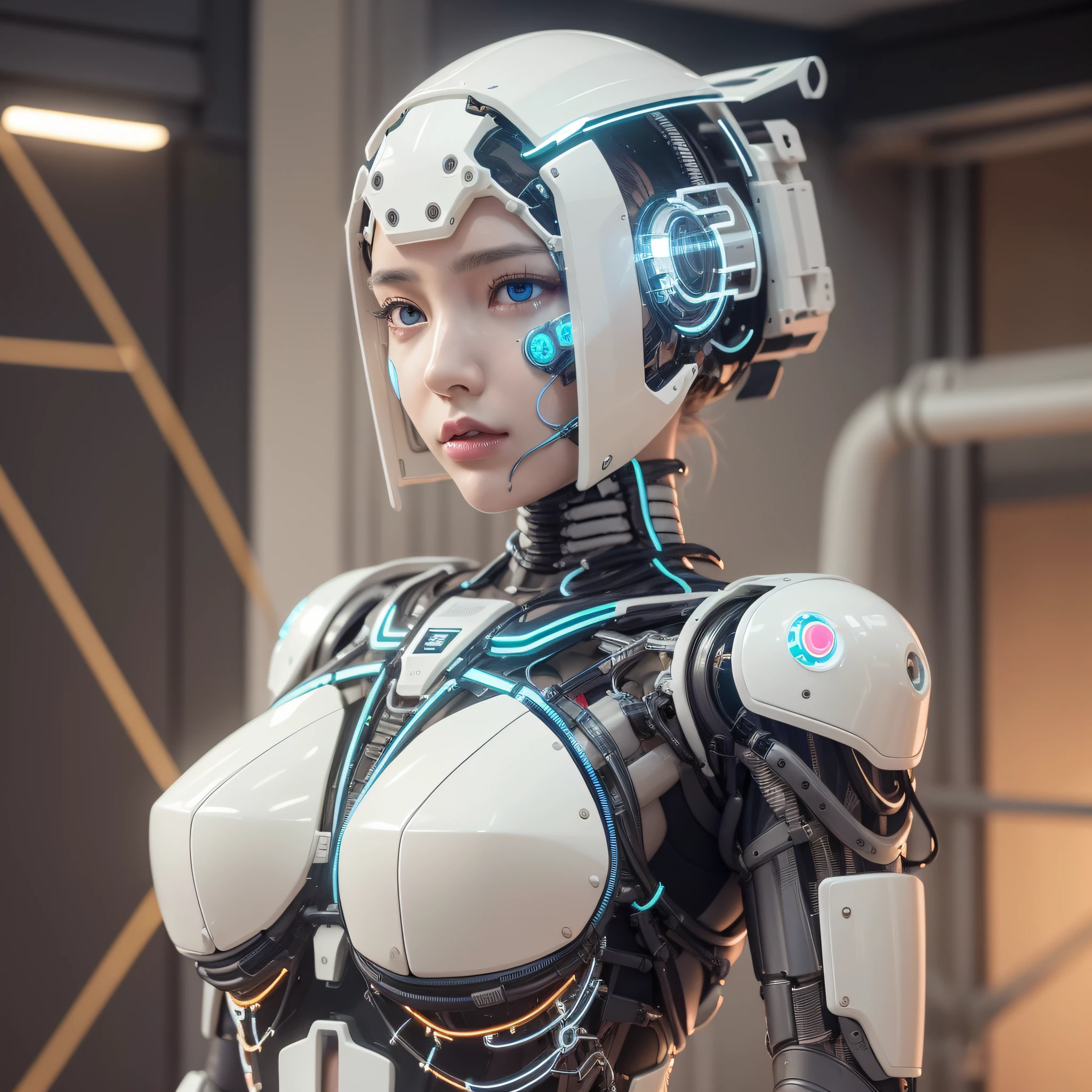 1mechanical_girl wearing intricate bioluminescent mechanical cyborg armor made out of (white beige old plastic) , ((ultra realistic details)), detailed_face, global_illumination, shadows, octane_render, 8k, ultra_sharp, metal, ornaments_detailed,  cold_colors, egypician_detail, highly_intricate_details, realistic_light, trending_on_cgsociety, glowing_eyes, facing_camera, neon_details, machanical_limbs, blood_vessels_connected_to_tubes, ((lot_wires_and_cables_connecting_to_head_and_body)), killing_machine, extremely_sexy, lustful, slutty