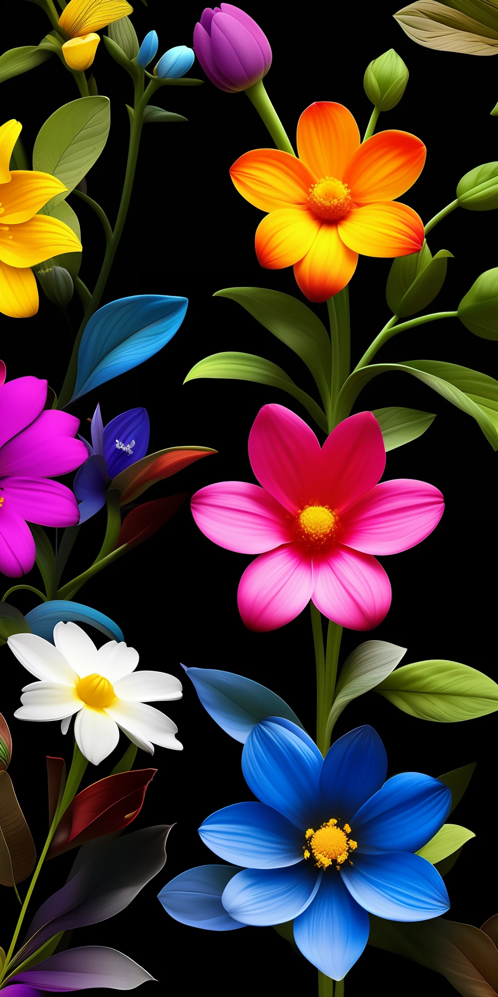 3 elementary multi flowers, Elemental flowers, vibrant colors, black background, reslista, 16k, cannon