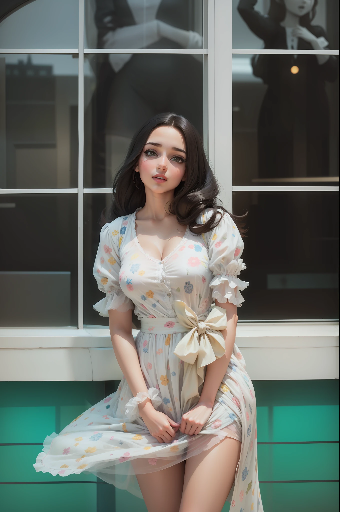 Sweet girl in front of glass curtain wall 3D Disney style sexy