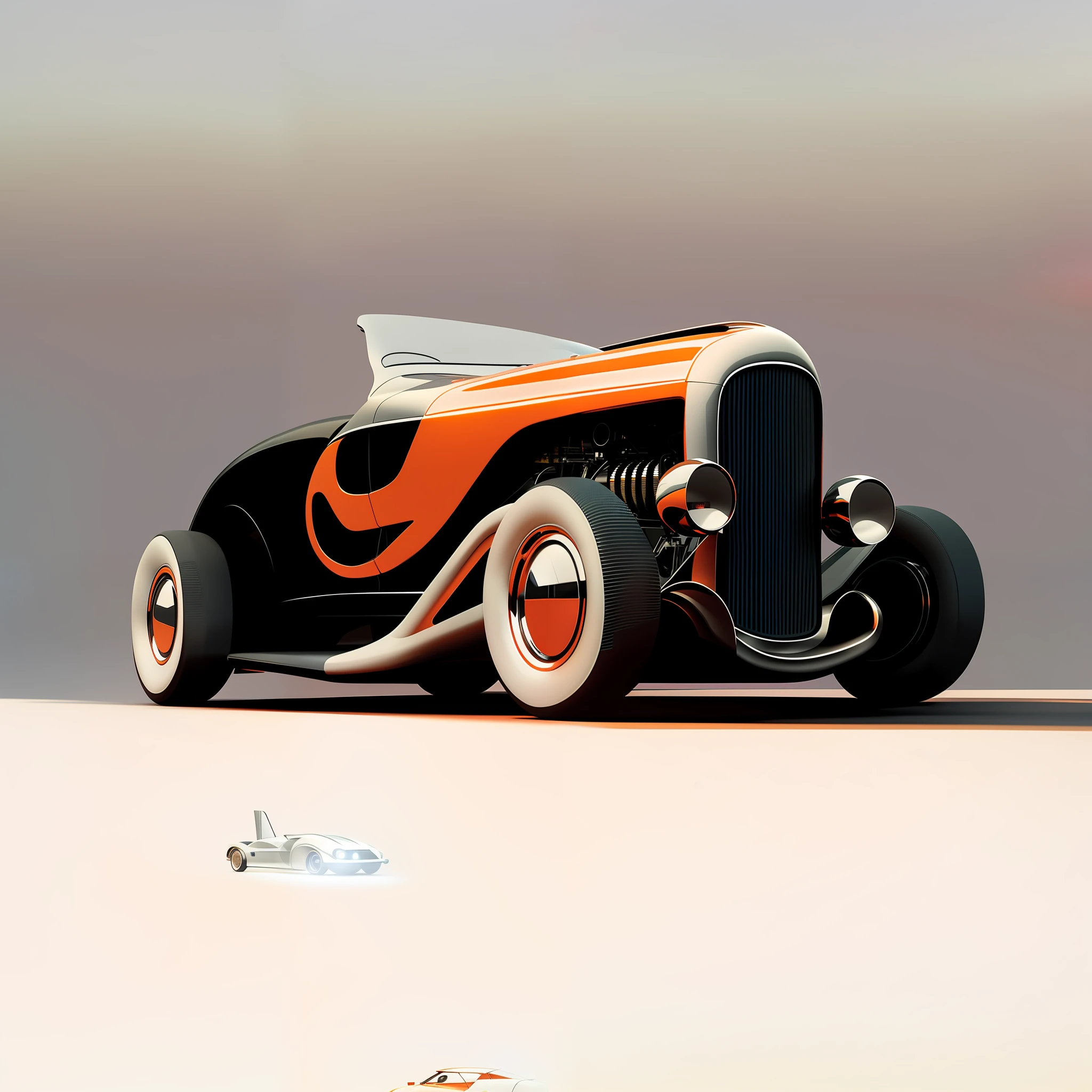 there is a model of a car with a large orange flame on the side, inspired by Otto Eckmann, by Craig Thompson, digital render, car concept art, rendered illustration, by Derek Hill, daniel maidman octane rendering, roadster, 3d render”, 2 d render, digital art render, concept art ”, stylized digital illustration, concept art”, concept render