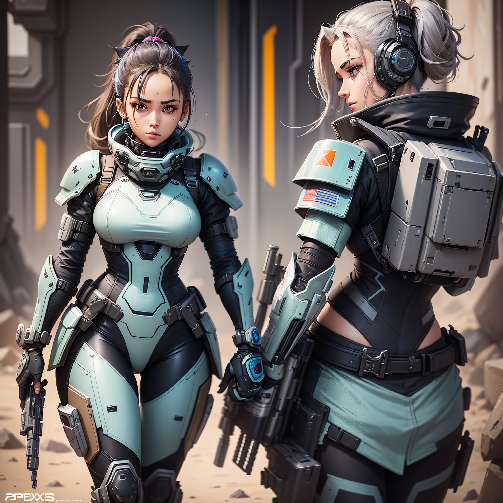 a drawing of a woman in a futuristic outfit holding a gun, mechanized soldier girl, wraith from apex legends, in style of apex legends, apex legends armor, female mecha, loba andrade from apex legends, apex legends concept art, dressed in tactical armor, apex legends character, heavy armor, clothed in cyber armour --auto --s2