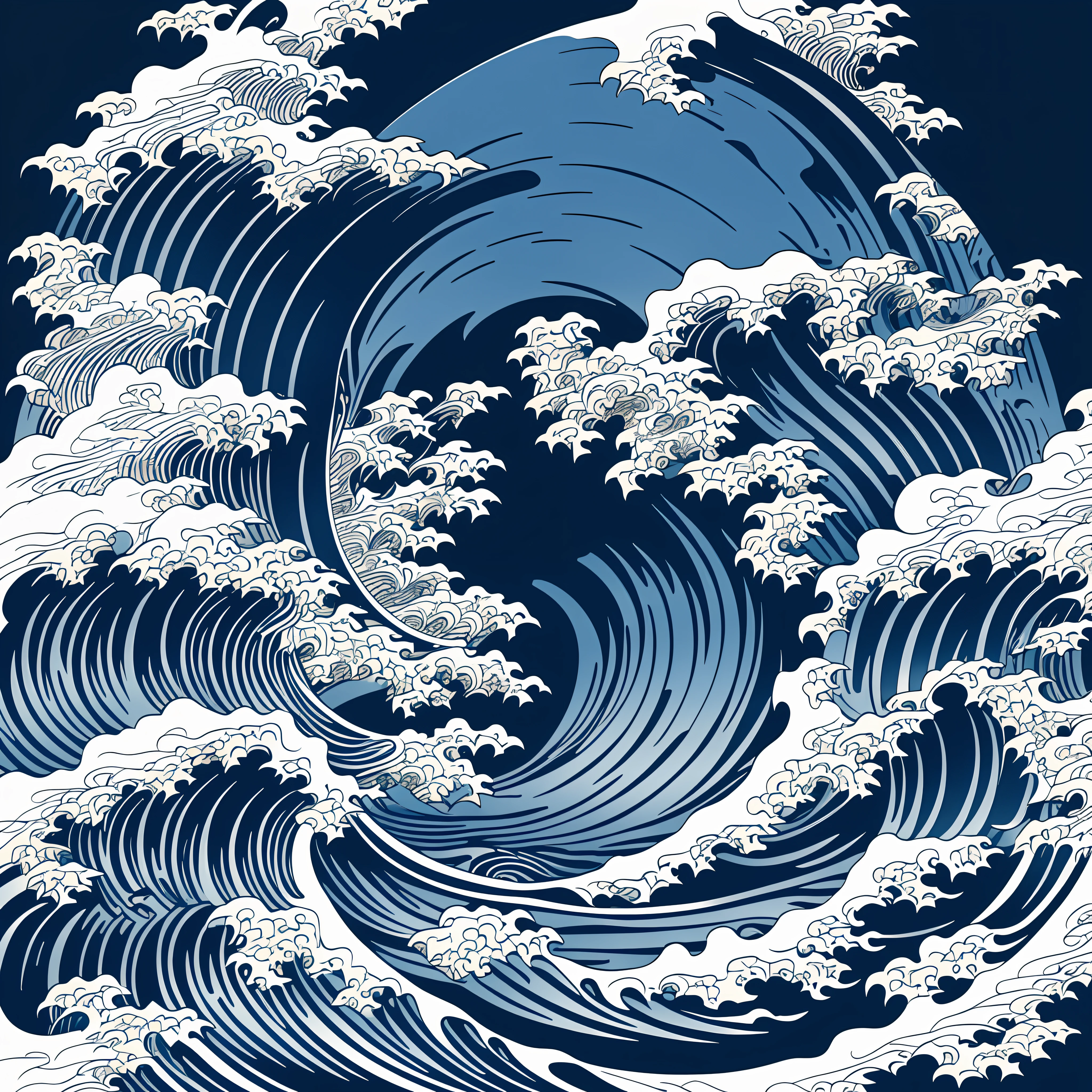 Katsushika Hokusai-style line art design, Hokusai-style dark blue rough wave pattern design. Ukiyo-e style in the highest quality, masterpiece high resolution. Artistic style, 1:1, ukiyo-e style, 3D vector art, Adobe Illustrator, 4K resolution, gorgeous backgrounds only
