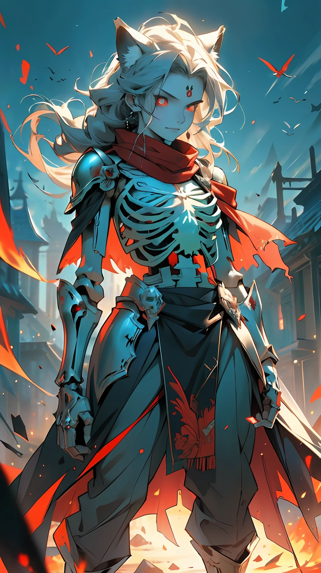 (Green + Red Flame: 1.5 + Complex Skeleton Armor + Wolf Skull Decoration on the Shoulder of the Armor + Red Scarf Swaying in the Wind), (A Charming Girl + Delicate Facial Features + Red Glowing Eyes), Hell Scene in the background, Skeleton Undead Soldiers on both sides, undispersed souls flying all over the sky, 8K, high detail, face is not blurred, normal human fingers, full body, vista, face is not white and ossified