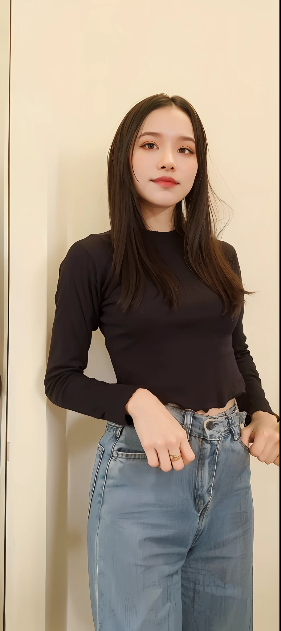 arafed woman in a black shirt and jeans standing against a wall, black top, black sweater, wearing a black sweater, 2 4 year old female model, wearing a sexy cropped top, wearing a dark shirt and jeans, wearing a cute top, thin waist, wearing a dark sweater, wearing crop top, thin-waist, wearing a black shirt