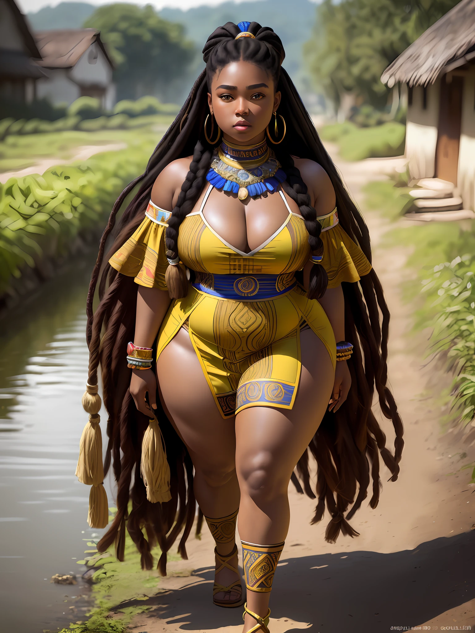 modelshoot style, (extremely detailed 8k wallpaper, ultra-realistic: 1.3), 1girl, fat, thick body, a mid-plane photo of one (beautiful 20-year-old warrior of Equatorial Guinean origin with a (extremely detailed very long dreadlocks hair with an intricate hairstyle: 1.3)), wearing luxurious and colorful traditional African clothing, Intricate, high detail,  dramatic, realistic photo, HDR, UHD, photography, subsurface scattering, (depth of field: 0.3), (full body photo: 1.3), full body portrait, fantasy setting, village background, thick body