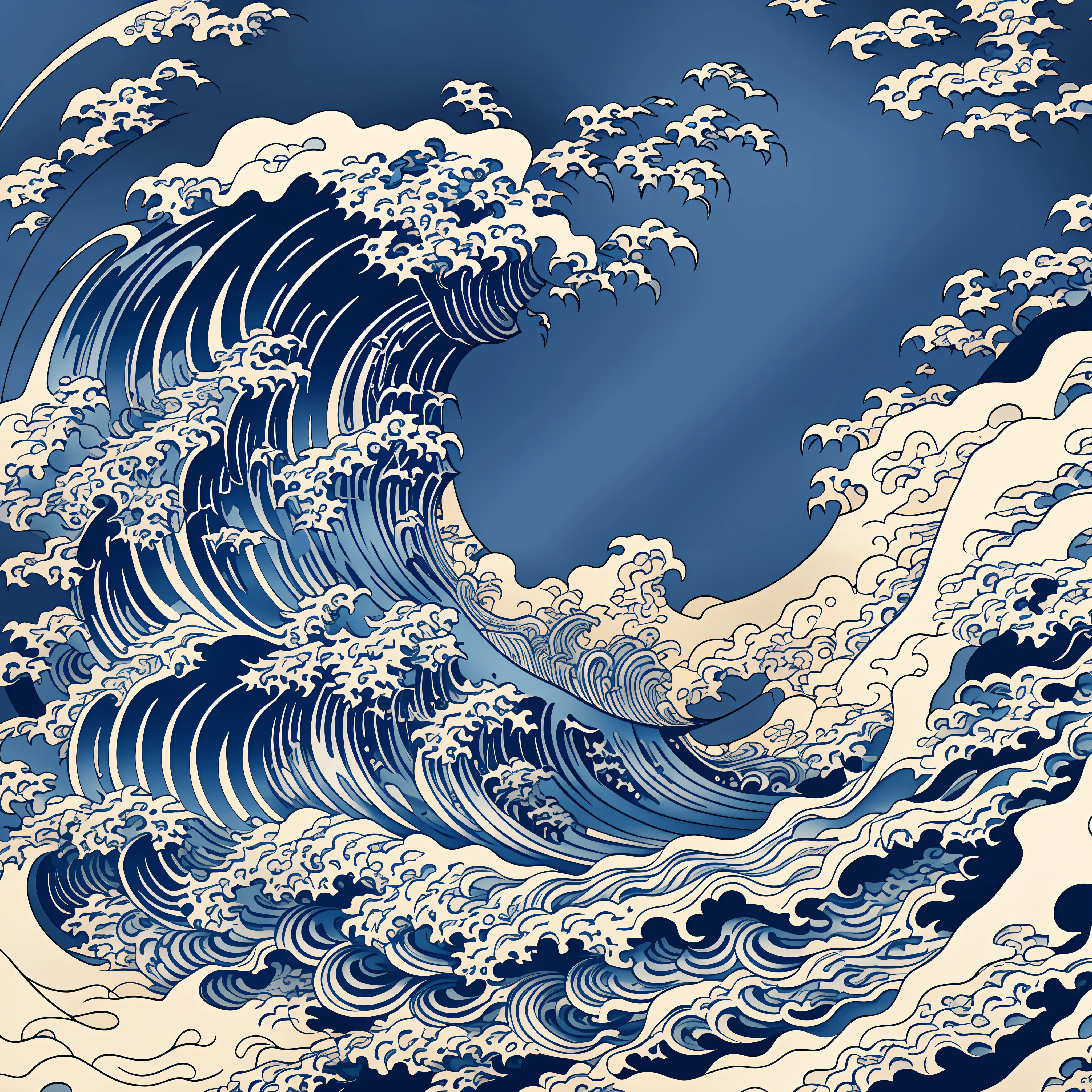 Katsushika Hokusai-style line art design, Hokusai-style dark blue rough wave pattern design. Ukiyo-e style in the highest quality, masterpiece high resolution. Artistic style, 1:1, ukiyo-e style, 3D vector art, Adobe Illustrator, 4K resolution, gorgeous backgrounds only