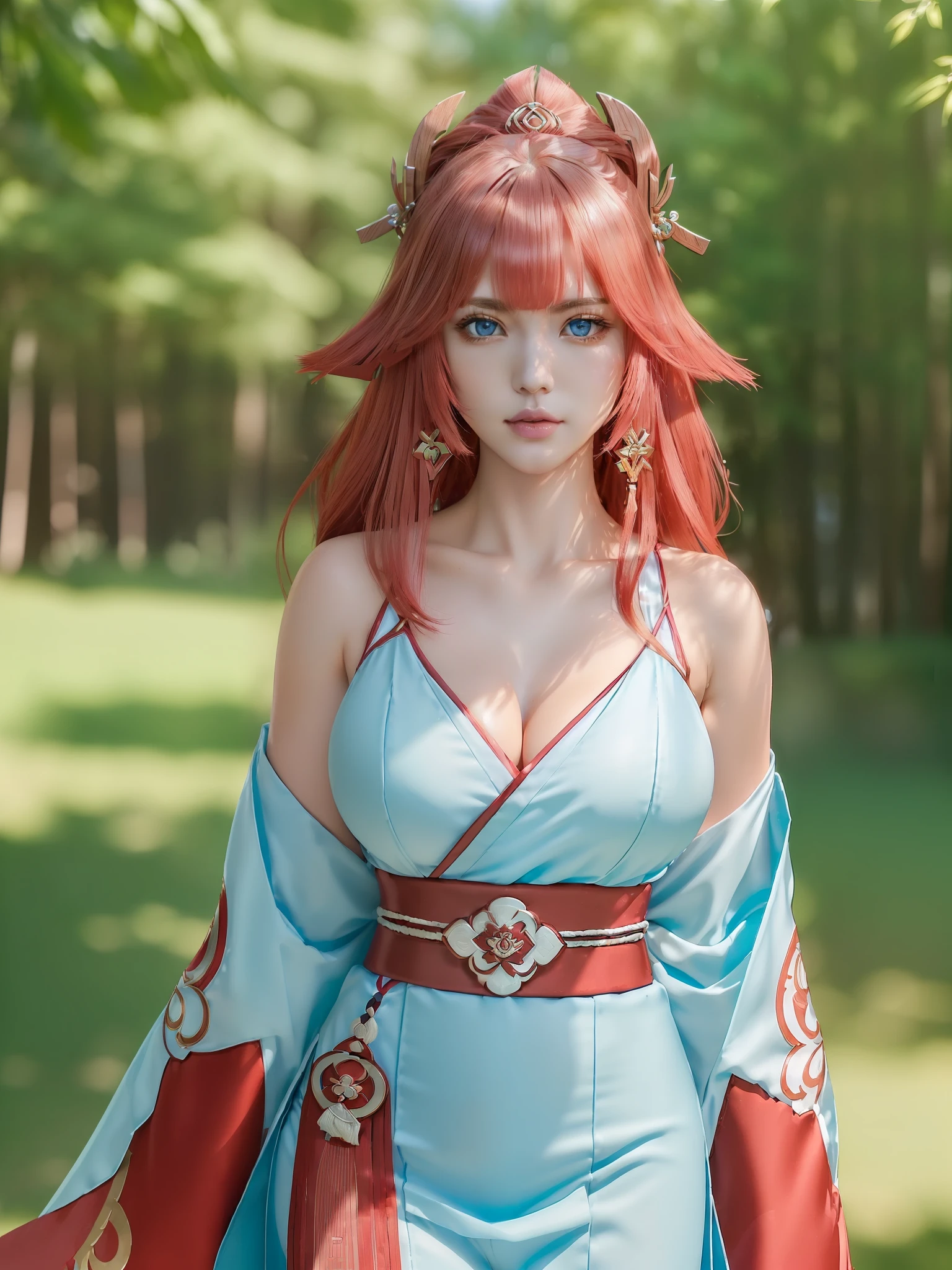 (Yae miko from Genshin Impact:1.5), (Yae miko clothes from Genshin Impact:1.5), closed mouth, sash, serious, solo, (masterpiece, best quality, extremely detailed 8k, ultra hd, ultra-detailed, highly detailed, highly realistic, photo realistic:1.2), (1girl:1.5), (beautiful realistic face, detailed realistic face:1.2), (high detailed realistic natural red hair, beautiful realistic hairstyle:1.2), (beautiful realistic eyes, high detailed realistic blue eyes, proportional eyes, realistic pupils, high detailed pupils:1.2), (high detailed realistic natural eyebrows), (high detailed realistic lips, beautiful realistic lips, pink lipsticks:1.2), (thick breasts, high proportional realistic breasts, realistic big breasts), (upper body from head to thighs, slender body:1.5), (clarity:1.2), highly detailed realistic skin, sharp focus, (upper body from head to thighs, slender body:1.5), thick thighs, outdoor,