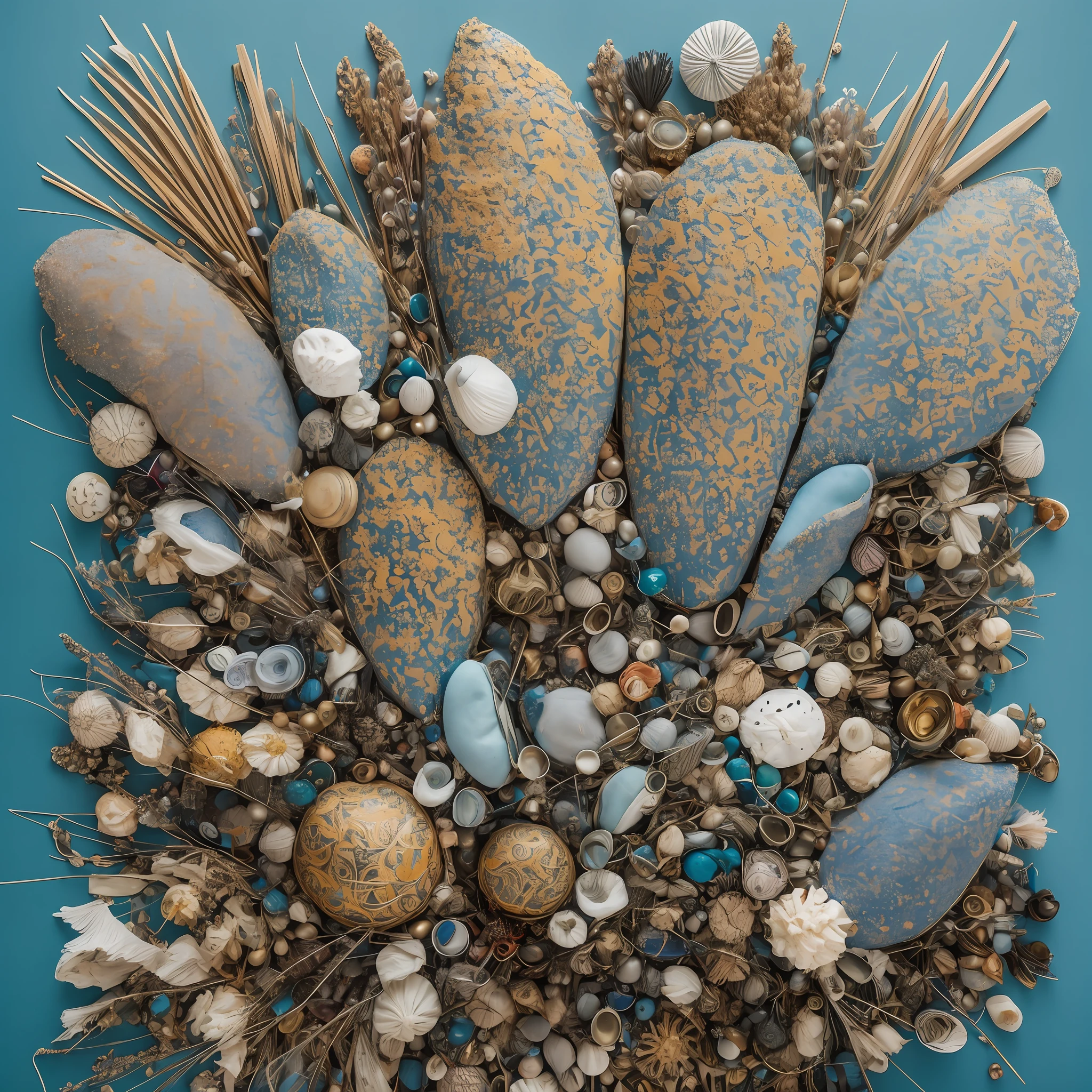 Art object, light blue and gold, Michael Creese, Steelpunk, Michael Hussar, white background, best quality, high quality, editorial photo, absurdists, masterpiece, intricate detail, film grain, intense red, fabrics, plush fabric, red face, barnacles, shells, barnacle sculptures, blue background, bodies, irregular, miscellaneous bodies covered with barnacles and fabric, single object, art object, one thing --auto --s2