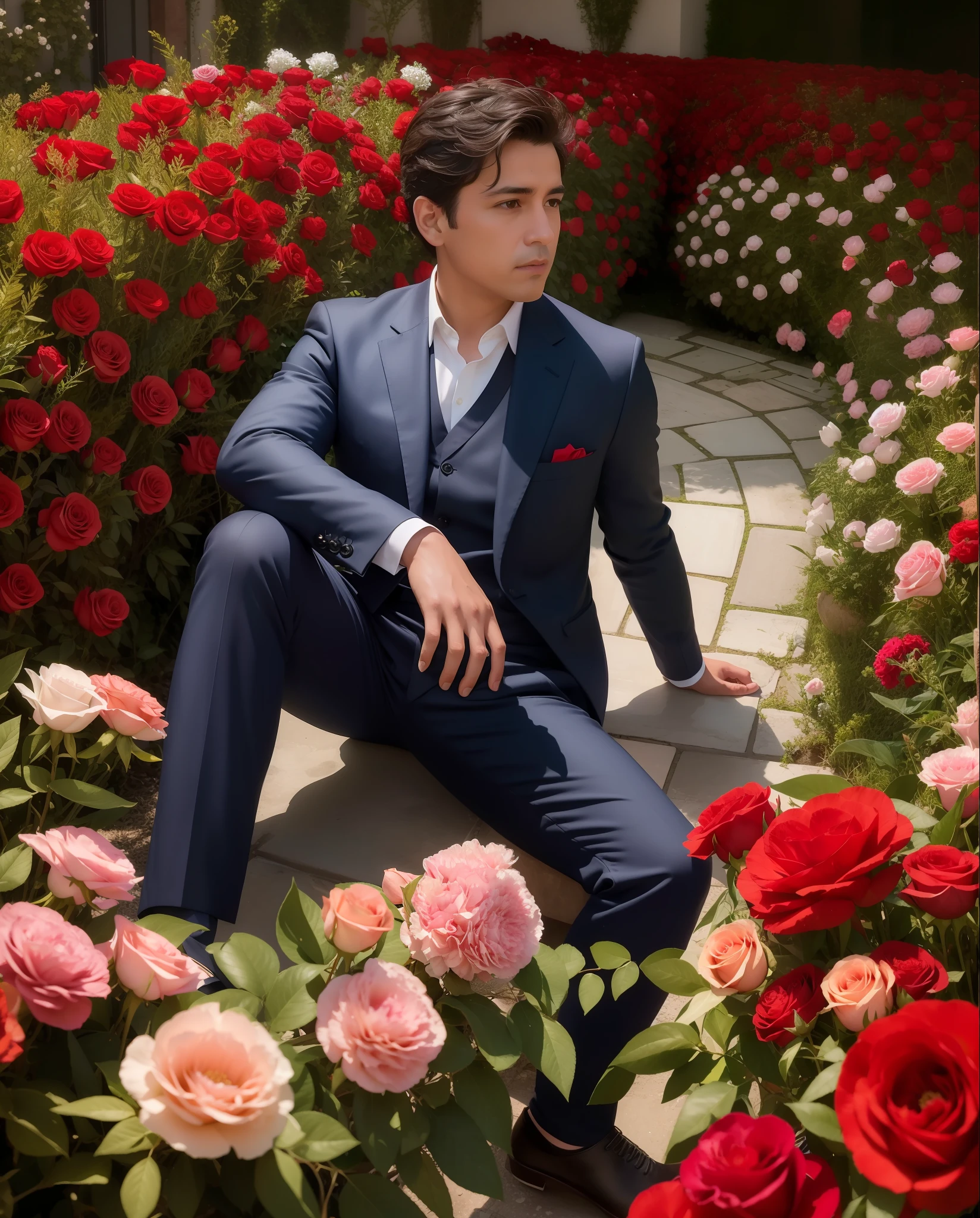 Francisco Portillo in a garden of roses and carnations of different colors