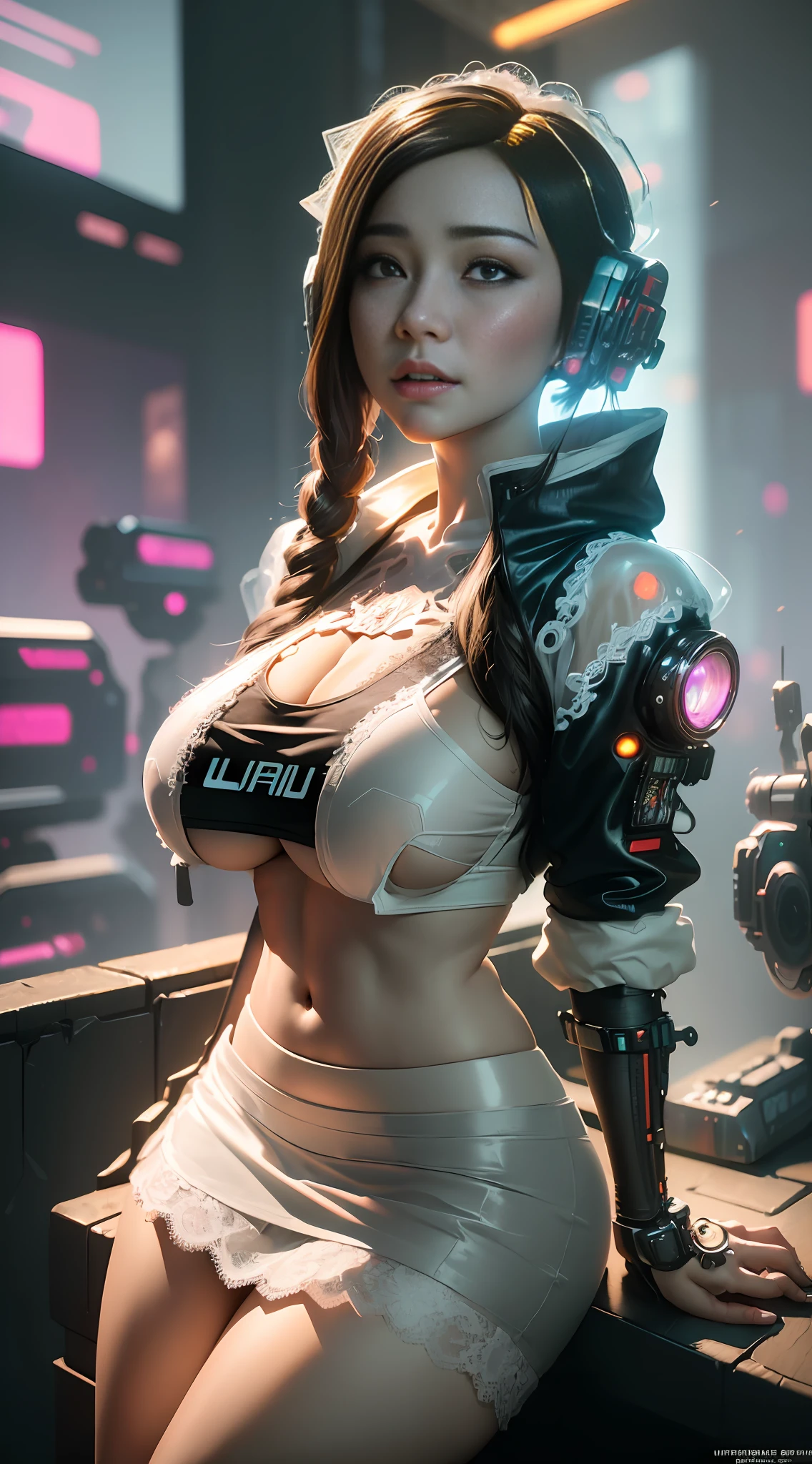 ((Best quality)), ((masterpiece)), (highly detailed:1.3), 3D, beautiful, (cyberpunk:1.6), in space, nebula, (holding_weapon:1.3), laser, (1Female mecha:1.3), sexy body, facing the audience, Glowing eyes, full body, (flying, swooping down, dynamic, motion blur: 1.4), (huge mech wings: 1.6), looking up, glowing_eyes, mecha, panorama, background is earth, nebula, space, particles, Reality, HDR (High Dynamic Range), Ray Tracing, NVIDIA RTX, Super Resolution, Unreal 5, Subsurface Scattering, PBR Textures, Post Processing, Anisotropic Filtering, Depth of Field, Maximum Clarity and Clarity, Multilayer Textures, Albedo and Specular maps, Surface shading, accurate simulation of light-material interaction, perfect proportions, Octane Render, two-tone lighting, large aperture, low ISO, white balance, rule of thirds, 8K RAW, efficient sub-pixel, sub-pixel volume product,  (best quality),(Japanese:0.5),(korean:0.8), (Liu Yi Fei:1.5) long hair, (big breast:1.2),(underboob:1.5), (white transparent lace mini skirt:1.5)