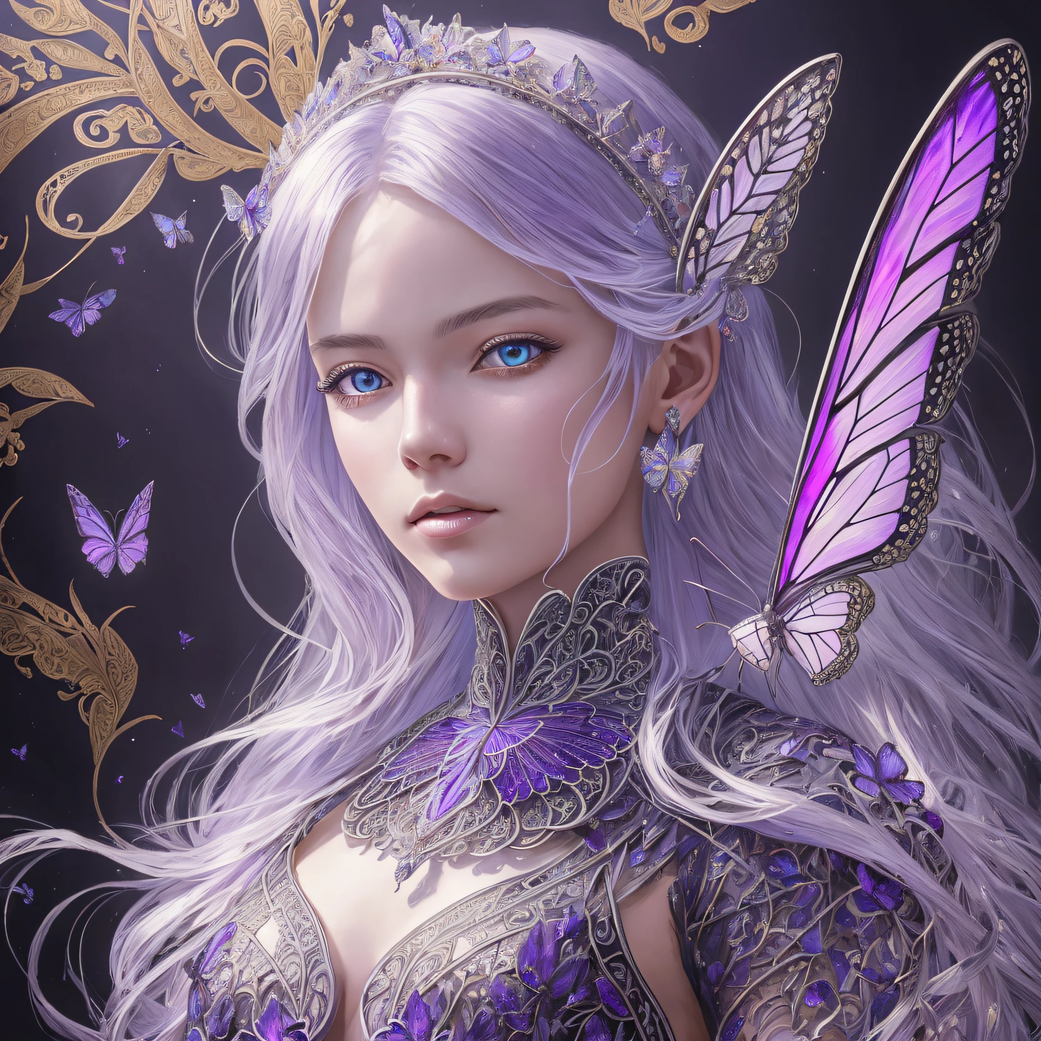 A beautiful queen with silver hair, intricate 8K, elegant, highly detailed, majestic, digital photography, art by Artgerm and Ruan Jia and Greg Rutkowski Surreal painting of purple butterfly Filigree, broken glass (masterpiece, side lighting, beautiful finely detailed eyes: 1.2), HDR --auto --s2