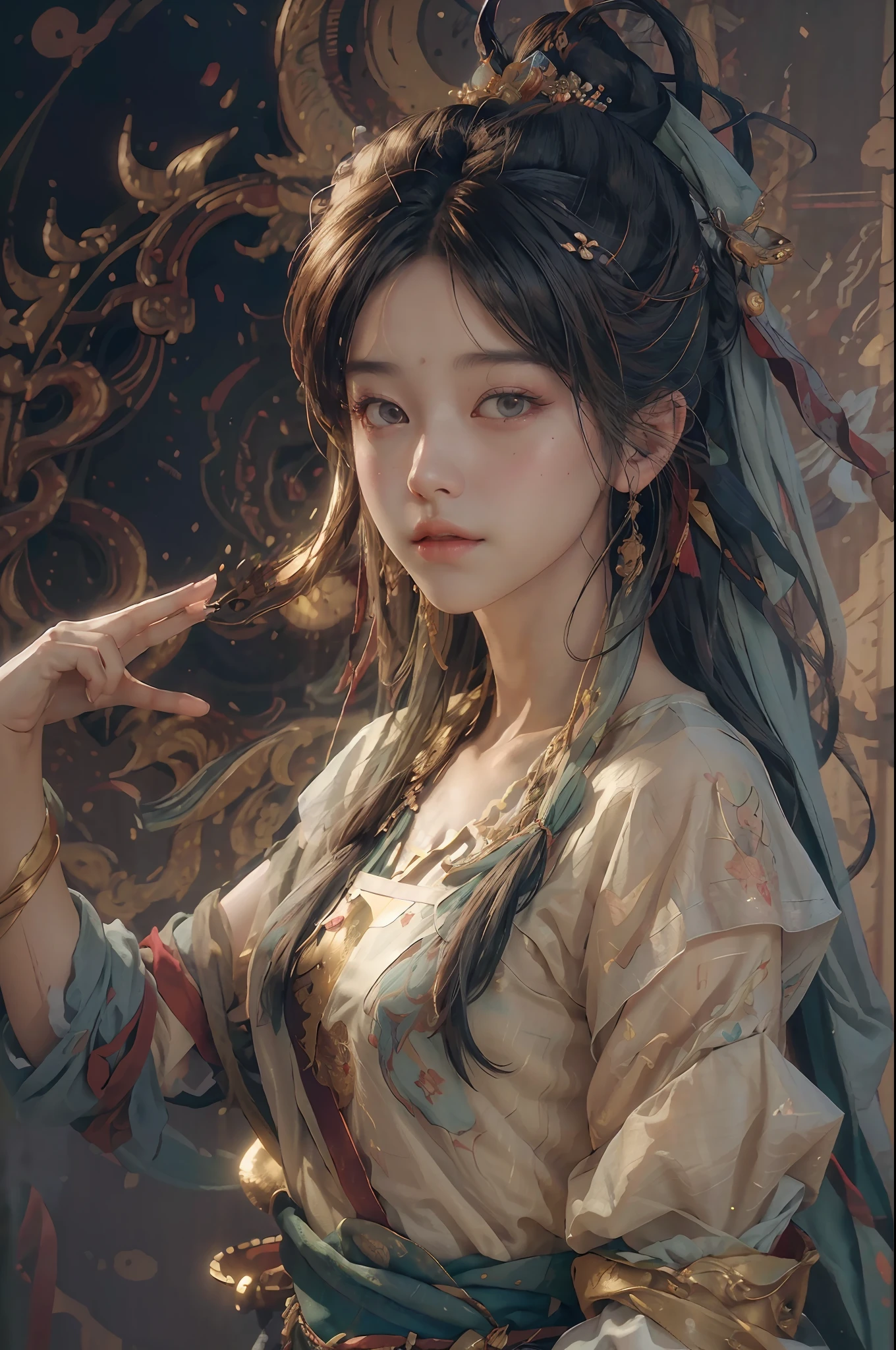 (RAW photo, best quality), (realistic, photo-realistic:1.3),best quality,highly detailed,masterpiece,ultra-detailed,illustration,1girl,upper_body,dynamic angle,world masterpiece theater,messy_long_hair,best quality,extremely detailed CG unity 8k wallpaper,ink,Amazing,cinematic lighting,lens_flare, dunhuang_style