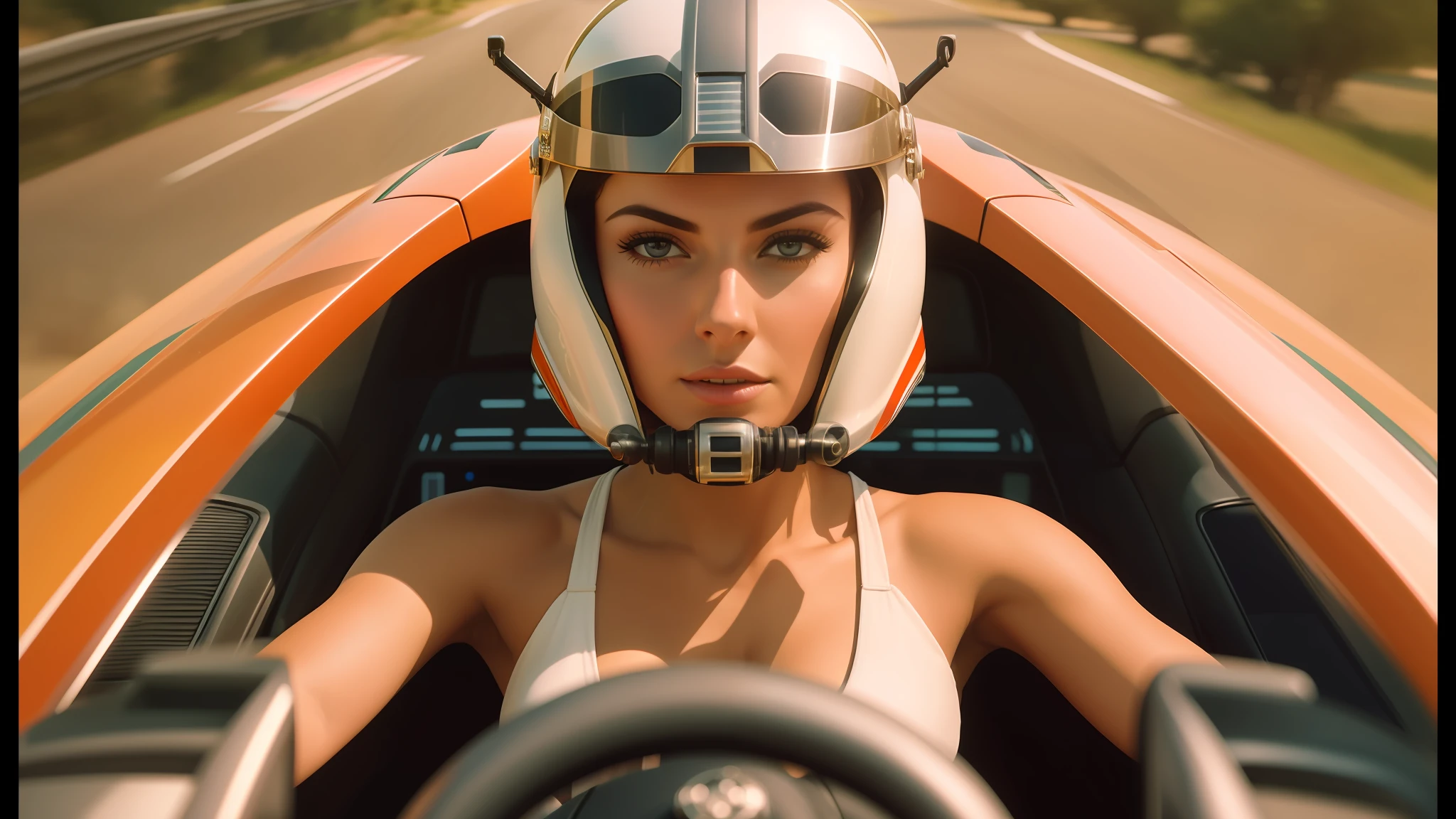 arafed woman in a helmet driving a car with a steering wheel, cinematic cgsociety, pod racer, charli bowater and artgeem, artgerm and patrick demarchelier, vintage race footage, promotional images, furious gorgeous woman, speedy aircraft, inspired by Oleg Lipchenko, cinemascope, miles johnstone