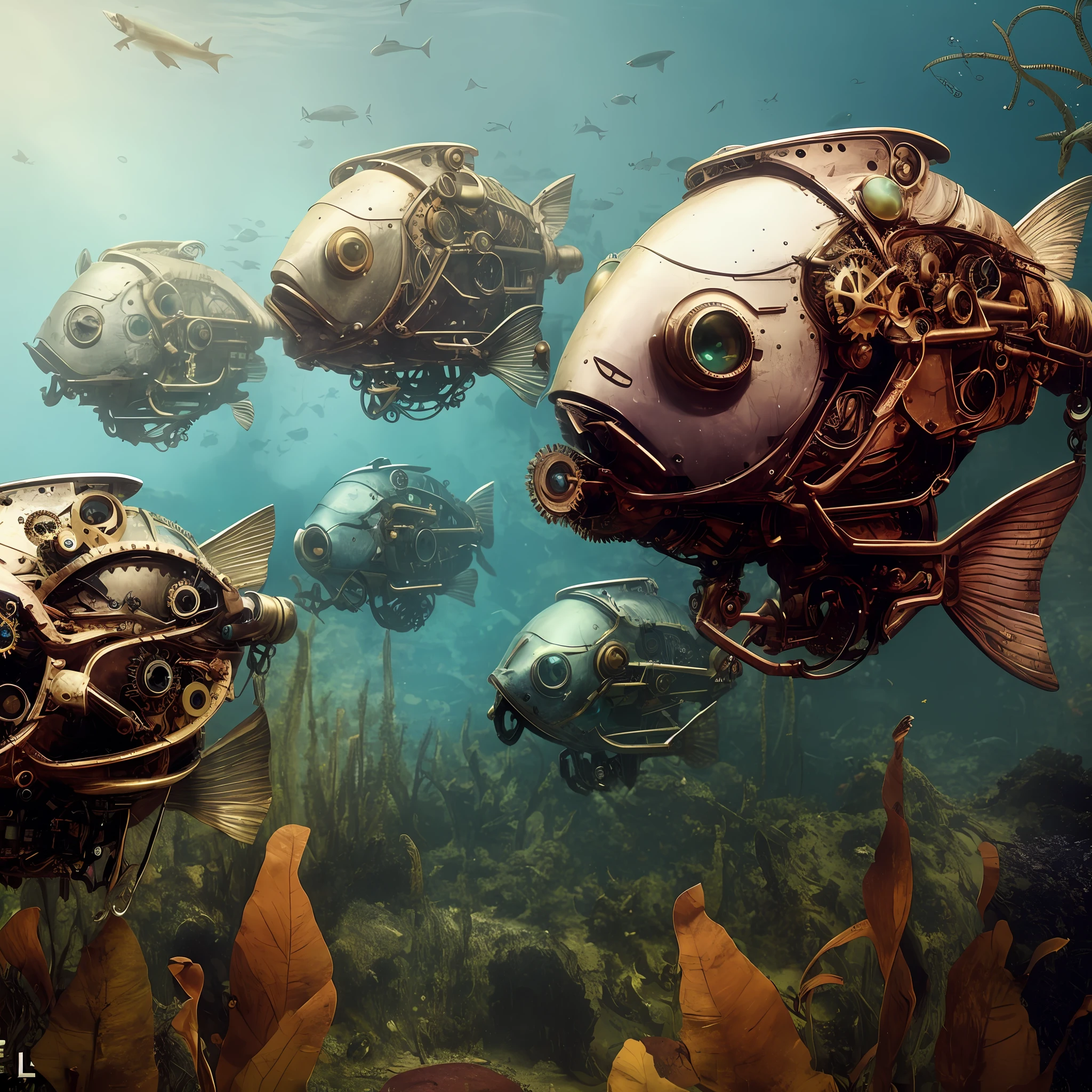 There are many old metal robotic fish that are swimming in the ocean, volumetric light, lit led eyes, sea plants, steampunk digital art, steampunk digital art, high quality steampunk art, highly realistic concept art, steampunk concept art, steampunk art, surrealist digital art, realistic intricate concept art, fish, beautiful 3D concept art, 3D rendered steampunk, detailed steampunk illustration