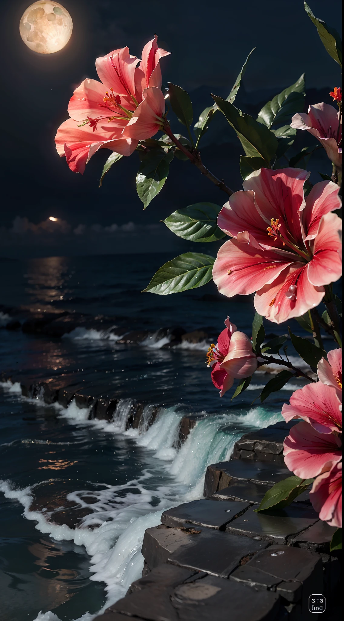 Hibiscus Moon with water droplets, neon glow, random background, boch mood