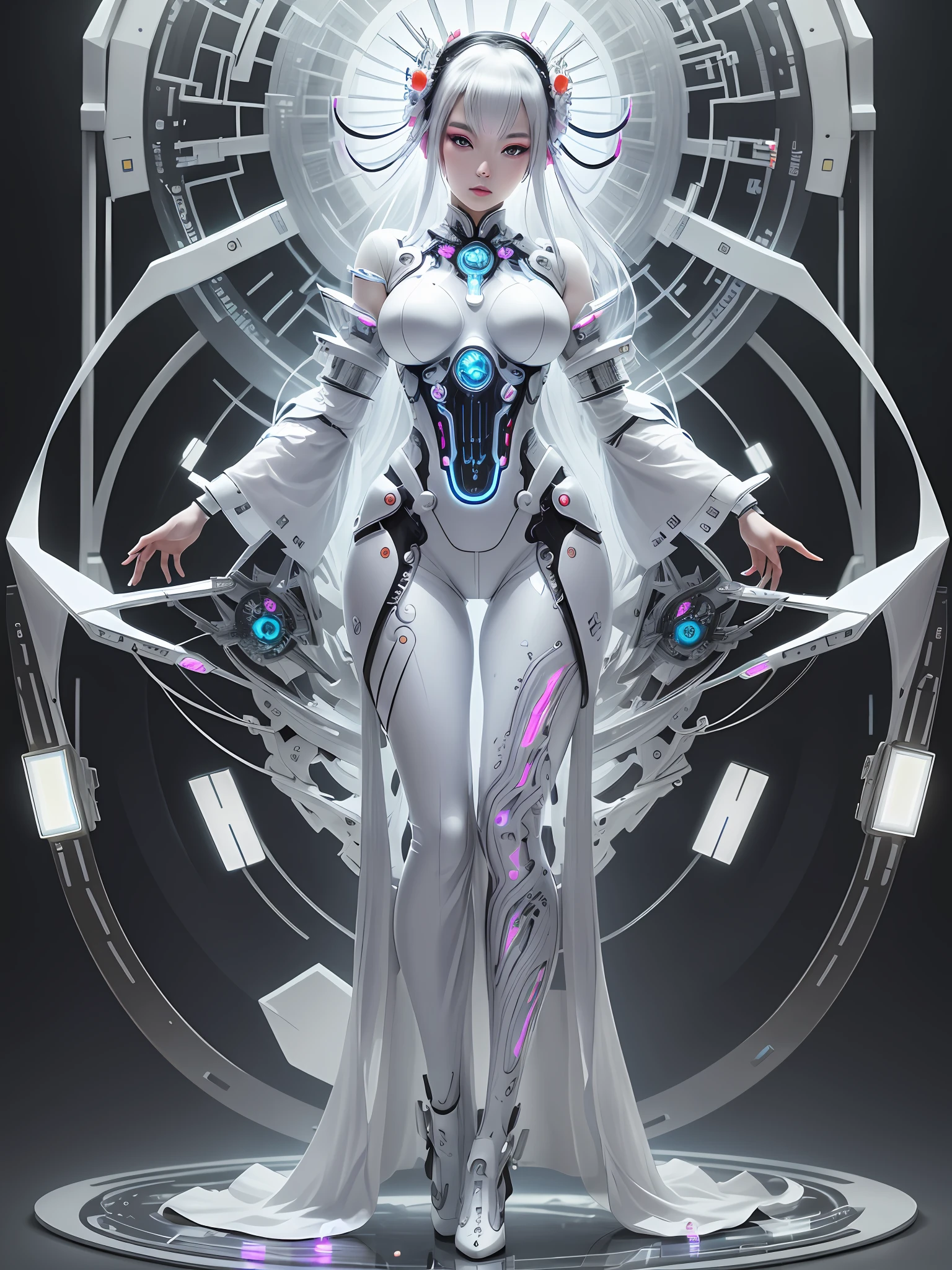 A full body photograph of Japanese female android made of transparent glass, white and silver plastic, geisha makeup and hairstyle, silver metal internal mechanisms, dynamic pose, flowing organic construction, detailed designs, glowing colorful circuitry, colorful neon trim, art by H.R. Giger, Greg Rutowski
