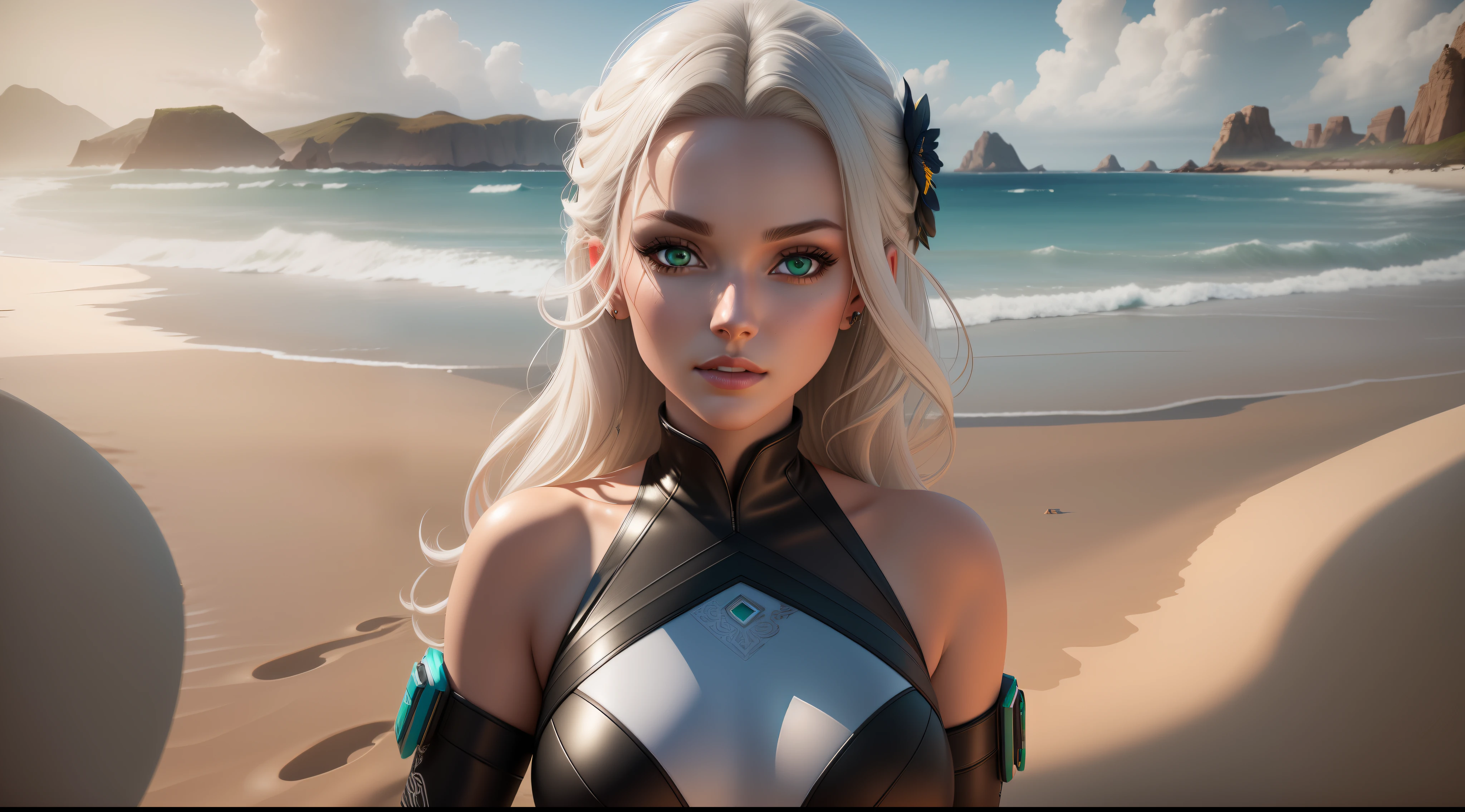 High waist Portrait of a beautiful exotic white woman wearing trendy clothes on a beach, perfect detailed face, detailed green eyes with circular iris, realistic, stunning realistic photography, 3d rendering, octane rendering, intricately detailed, cinematic, isometric, hypereallistic centered cover photo, stunning full color, dark, sandy, 12k, high definition, Cinematic, Neoprene, smooth, ultra high definition, 8K, Unreal Engine 5, ultra sharp focus, highly detailed, vibrant, rendered in 8K resolution for high quality detail, 8K image quality, 8K high resolution image, hyper detailed, super realistic, intricate details