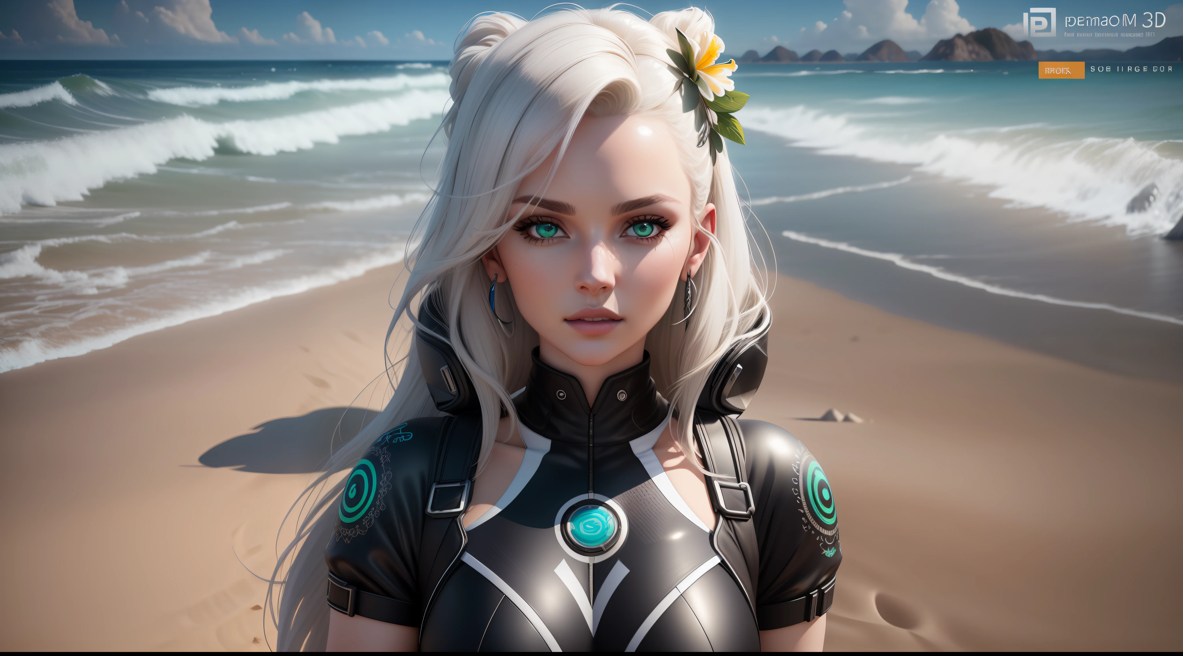High waist Portrait of a beautiful exotic white woman wearing trendy clothes on a beach, perfect detailed face, detailed green eyes with circular iris, realistic, stunning realistic photography, 3d rendering, octane rendering, intricately detailed, cinematic, isometric, hypereallistic centered cover photo, stunning full color, dark, sandy, 12k, high definition, Cinematic, Neoprene, smooth, ultra high definition, 8K, Unreal Engine 5, ultra sharp focus, highly detailed, vibrant, rendered in 8K resolution for high quality detail, 8K image quality, 8K high resolution image, hyper detailed, super realistic, intricate details