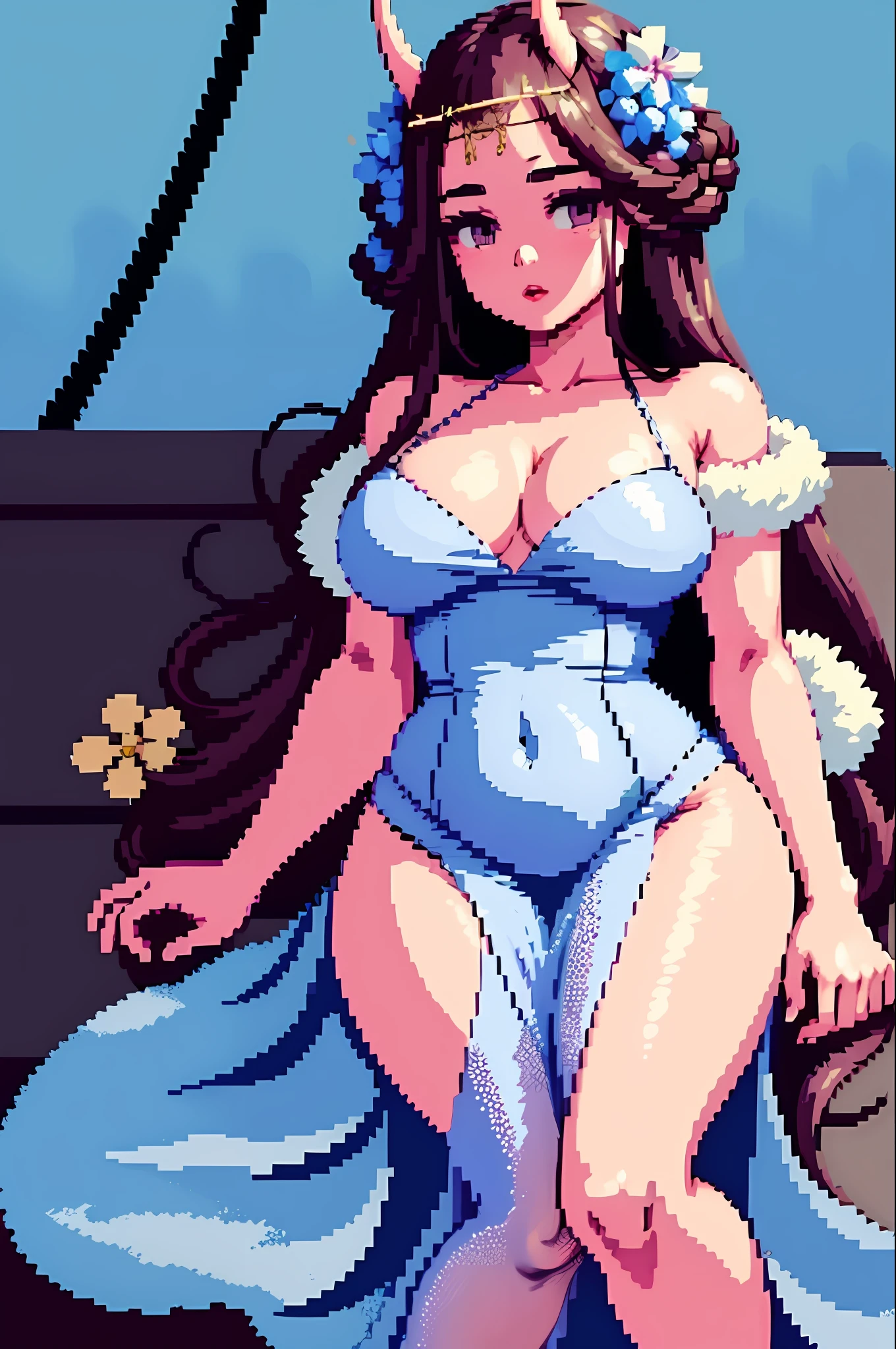 pixel, noshirodress, 1girl, breasts, long hair, ass, solo, looking at the viewer, large breasts, thighs, flower, porcelain dress, lying down, blue dress, bare shoulders, belly down, sideboob, white thighs, thighs, pixel art