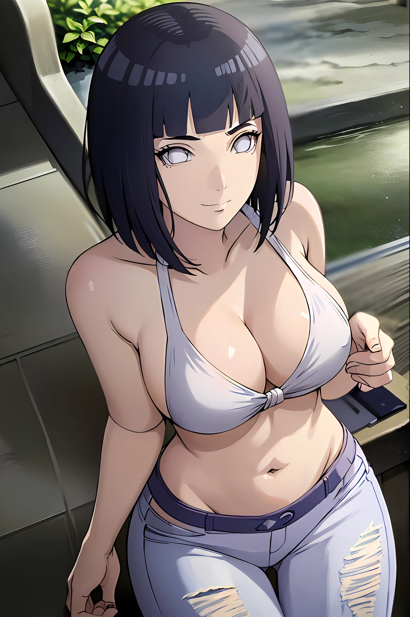 (masterpiece, anime style:1.9, nice mood, correct anatomy, wind effect. white bikini top, long jeans bottom), hinata\(boruto\), mature female, standing, milf, (curvy:0.8), solo, short hair, hime cut, (dark blue hair color:1.1), white, big breasts, flat belly, perfect eyes, anime eyes, smoky eyeliner, eyeshadow, perfect face, shy, sharp focus, professional artwork, intricate details, colorful, vibrant colors, vivid colors, digital blending, ultra detailed body, ultra detail hair, ultra detail face, trending on pixiv, kind smile, happy, very hot colors, sunrays, leaning forward, naughty face, looking up
