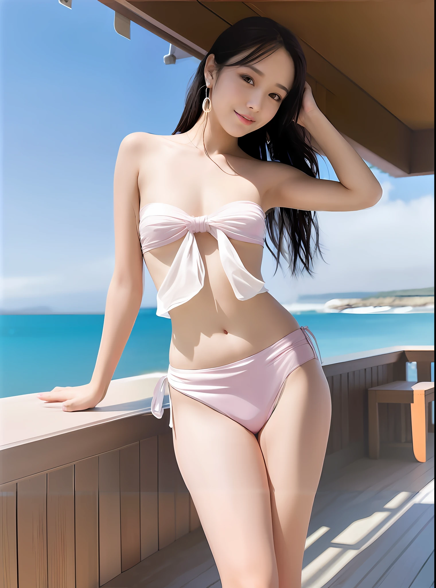 araffe woman in a pink bikini posing on a balcony, young pretty gravure idol, realistic young gravure idol, is wearing a swimsuit, young gravure idol, young skinny gravure idol, gorgeous chinese model, gorgeous young korean woman, young sensual gravure idol, hot with shining sun, wearing two - piece swimsuit, pale pink bikini