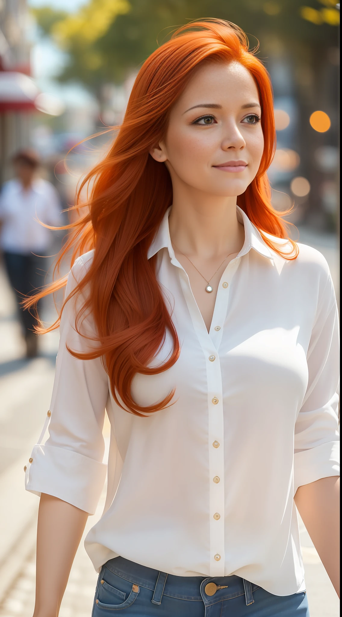 (best quality), (high definition), (street scene) in the morning, sunny, (soft air),(a 30-year-old woman with red hair),(breeze in her hair),(walking on the sidewalk, wearing white blouse and jeans). slightly blurred background.